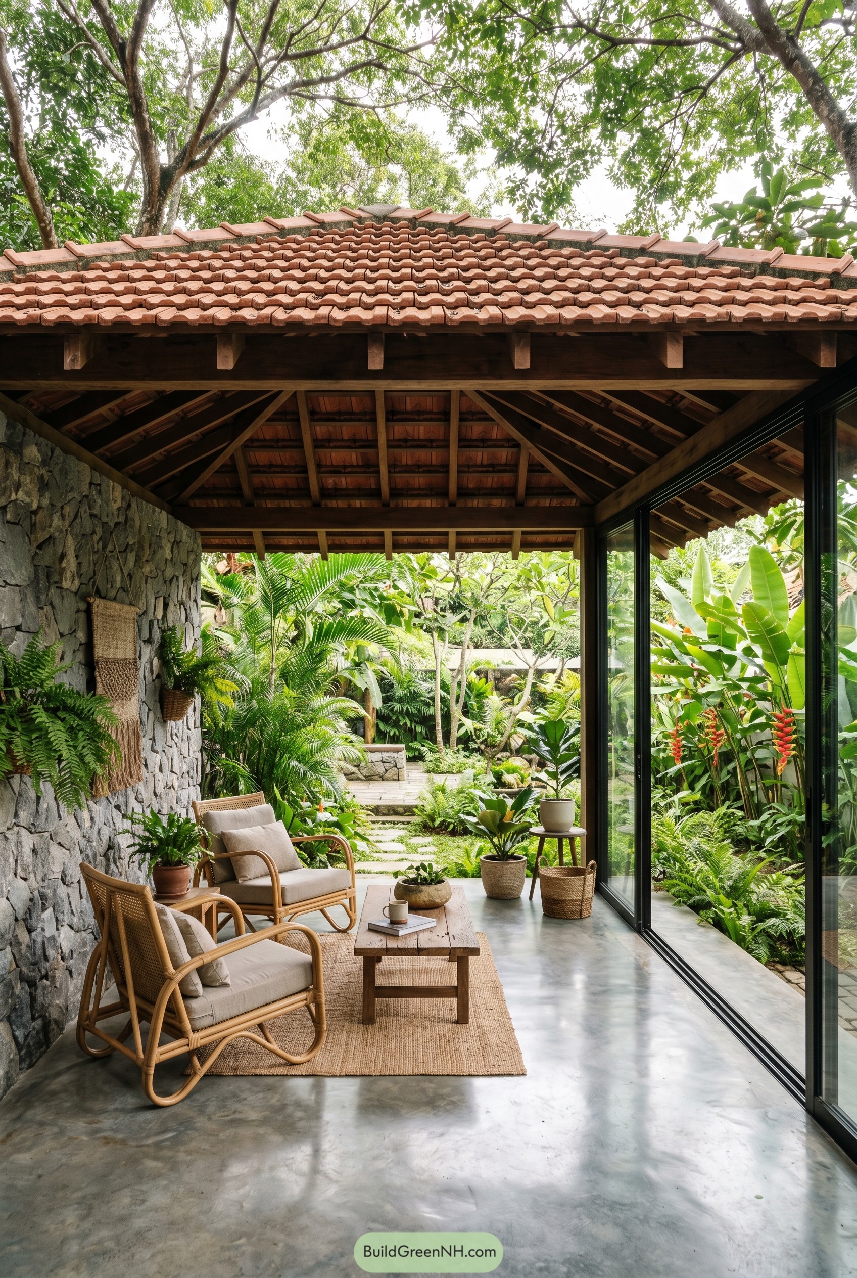 Tropical veranda with tiled roof and garden