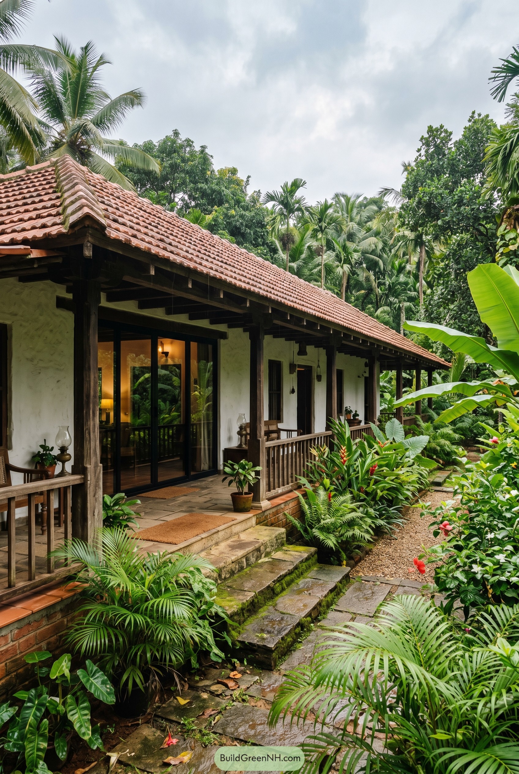 Terracotta roof farmhouse in a lush tropical garden