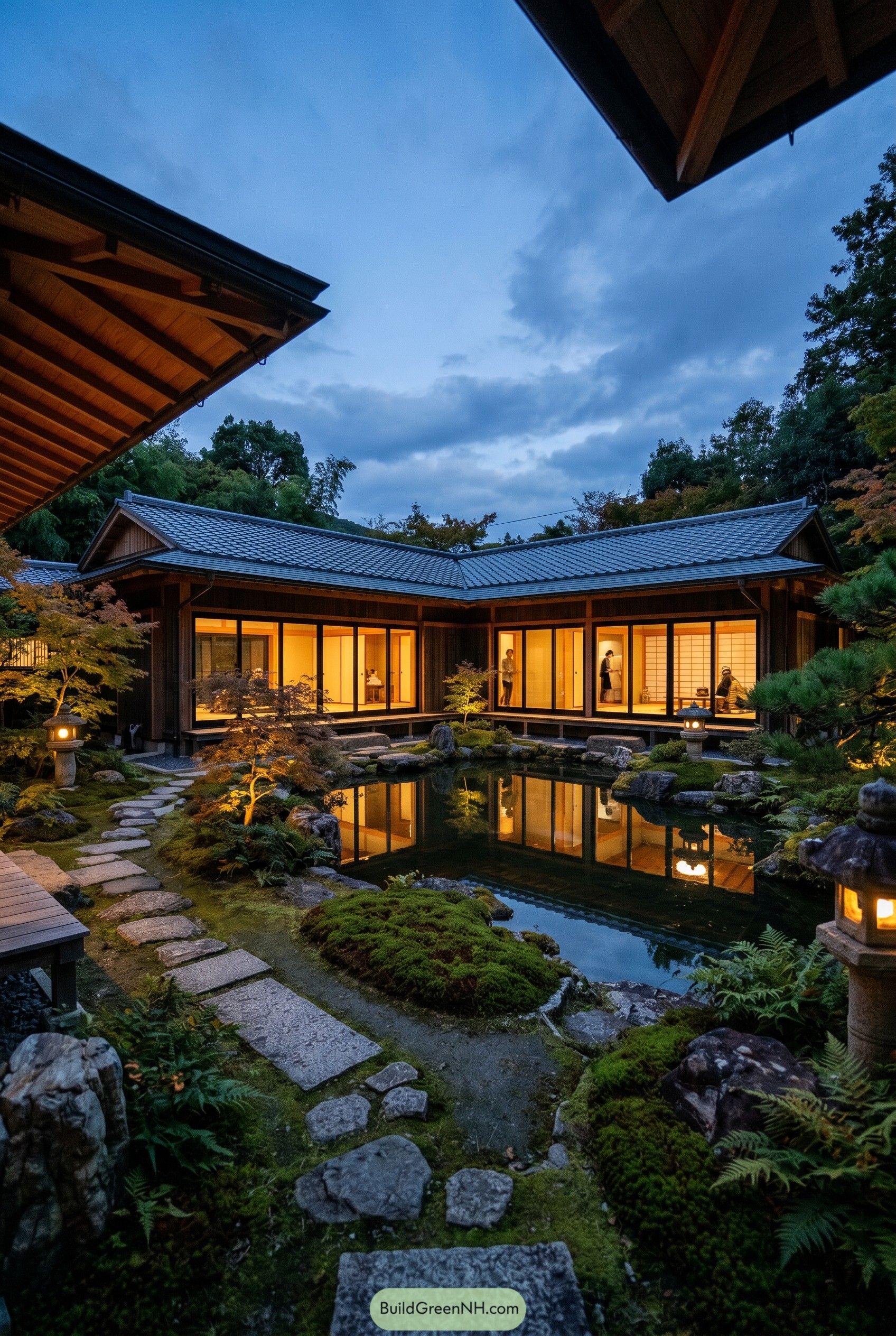 Japanese courtyard home with pond garden at dusk