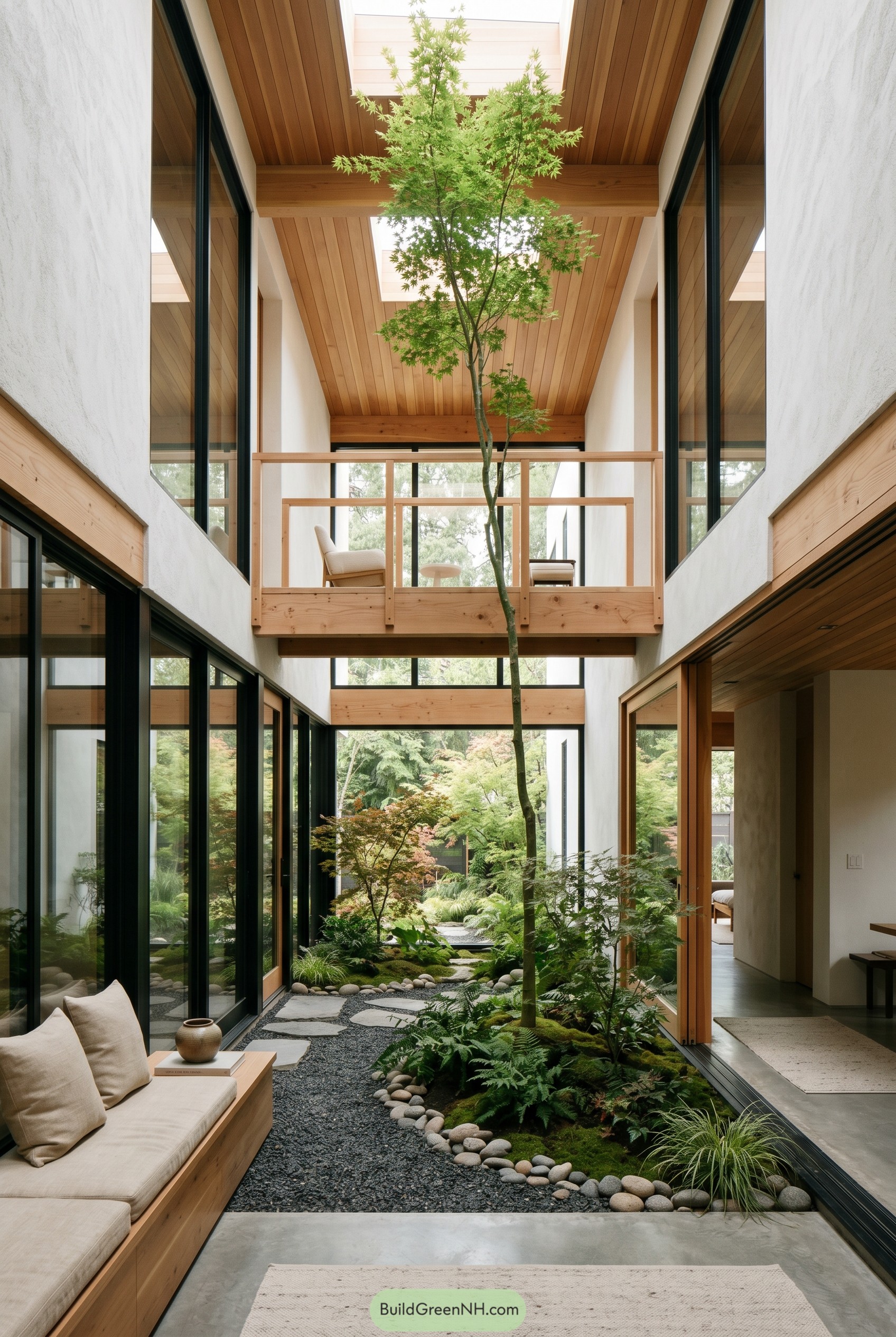 Indoor atrium garden with maple and wood bridge