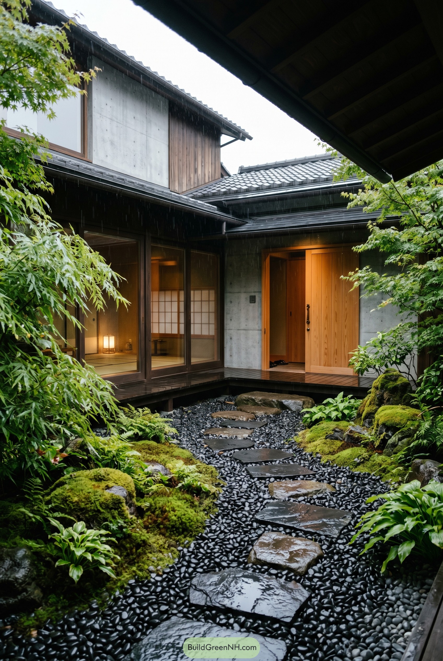 Rainy Japanese courtyard with moss and stone path