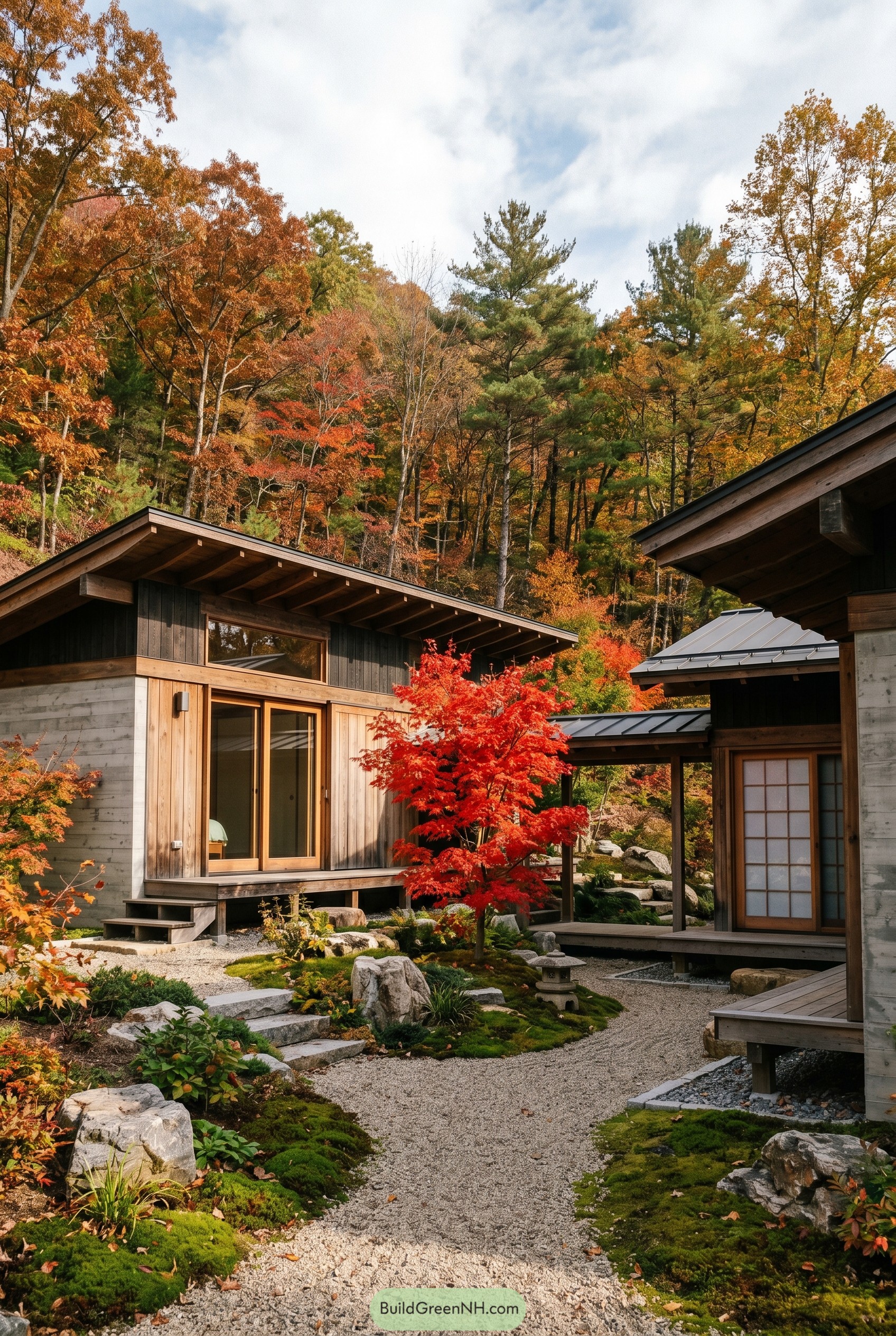 Modern Japanese courtyard home with autumn garden