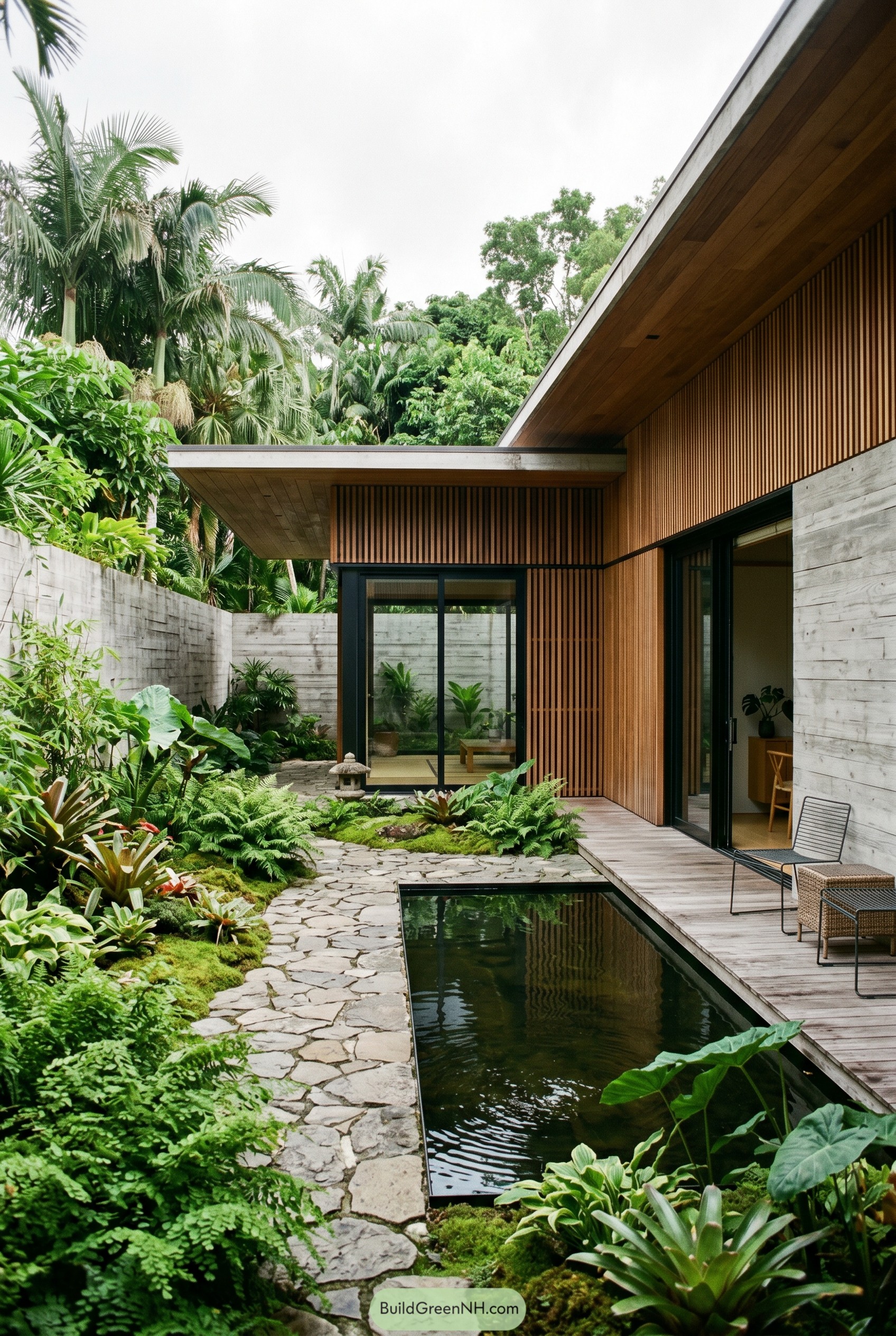 Modern timber courtyard with pond and tropical planting