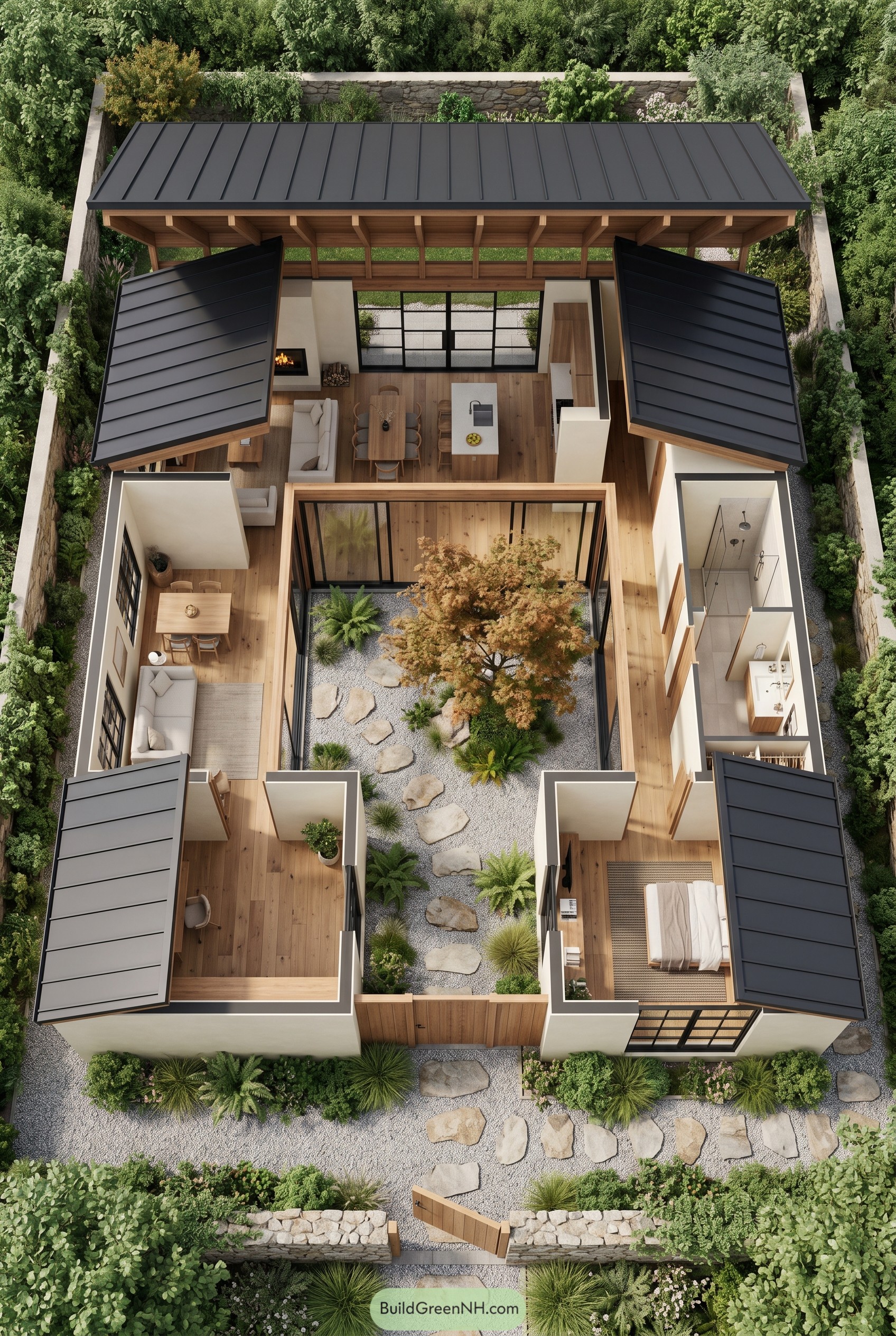 Aerial view of a modern Japanese courtyard house