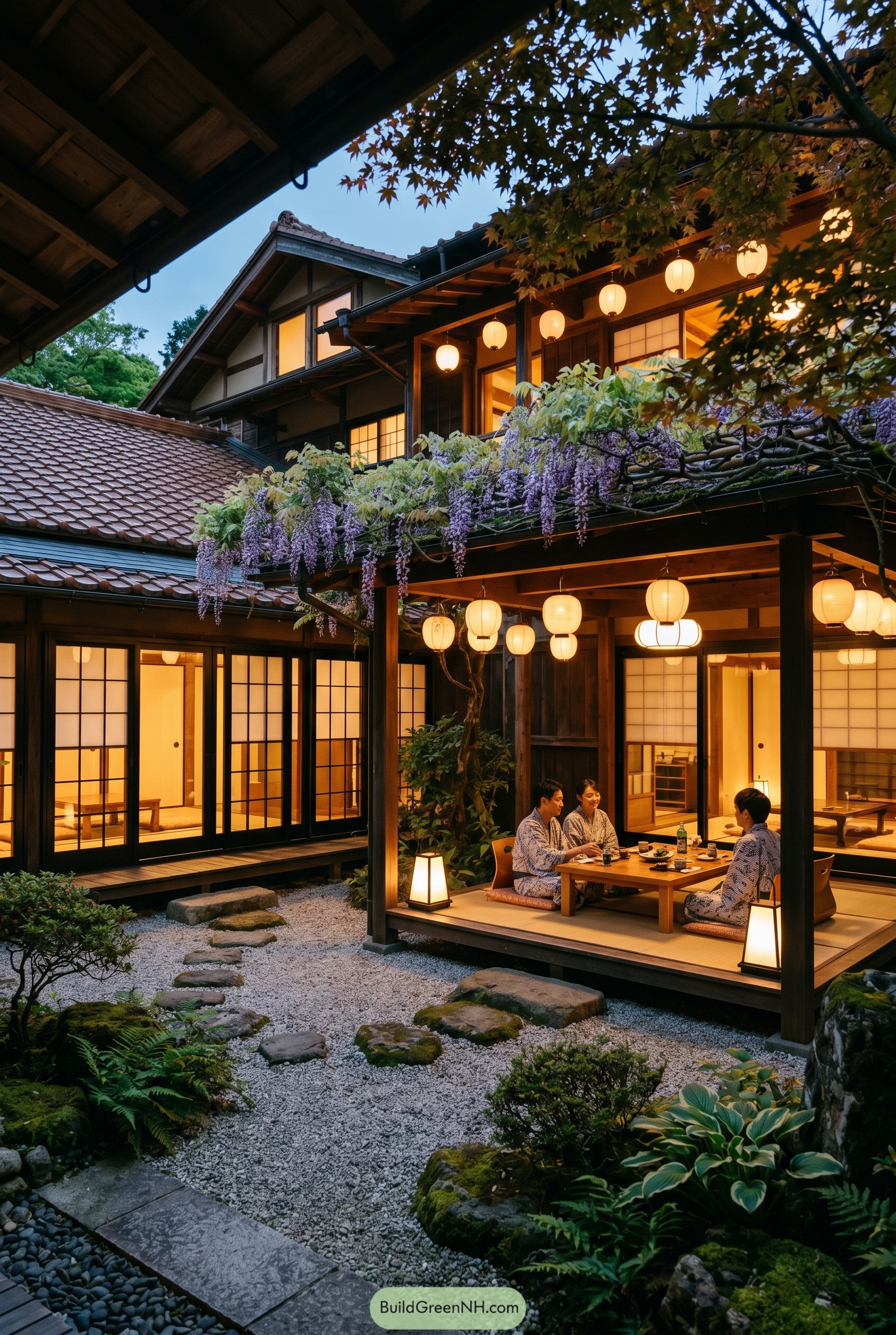 Japanese courtyard house with wisteria and lanterns
