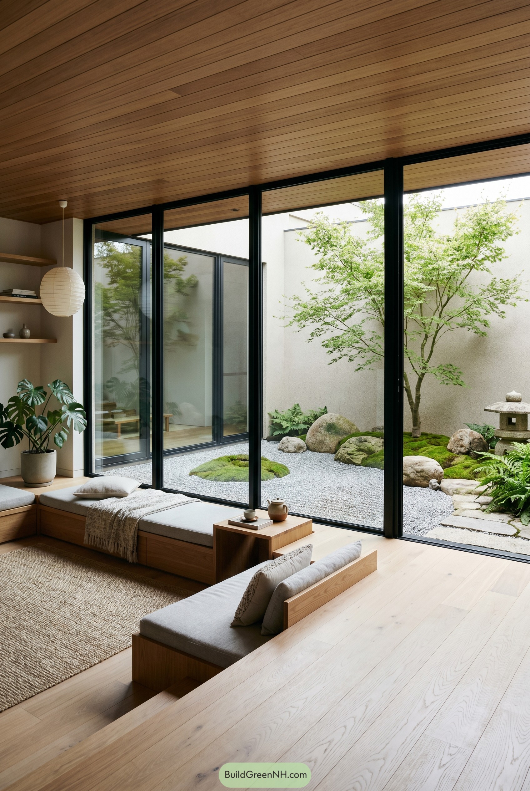 Modern lounge facing a moss courtyard garden