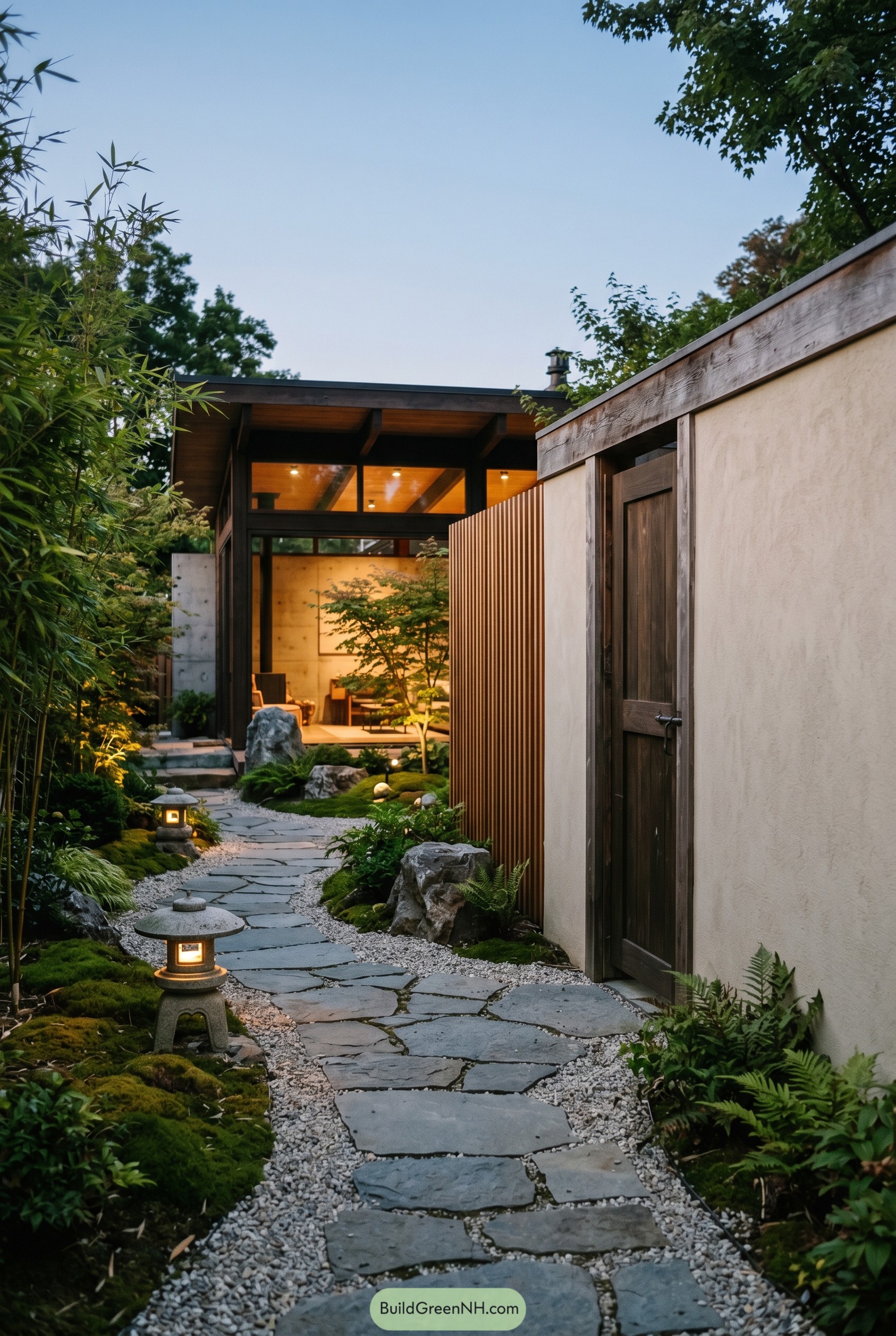 Stone garden path beside modern Japanese home
