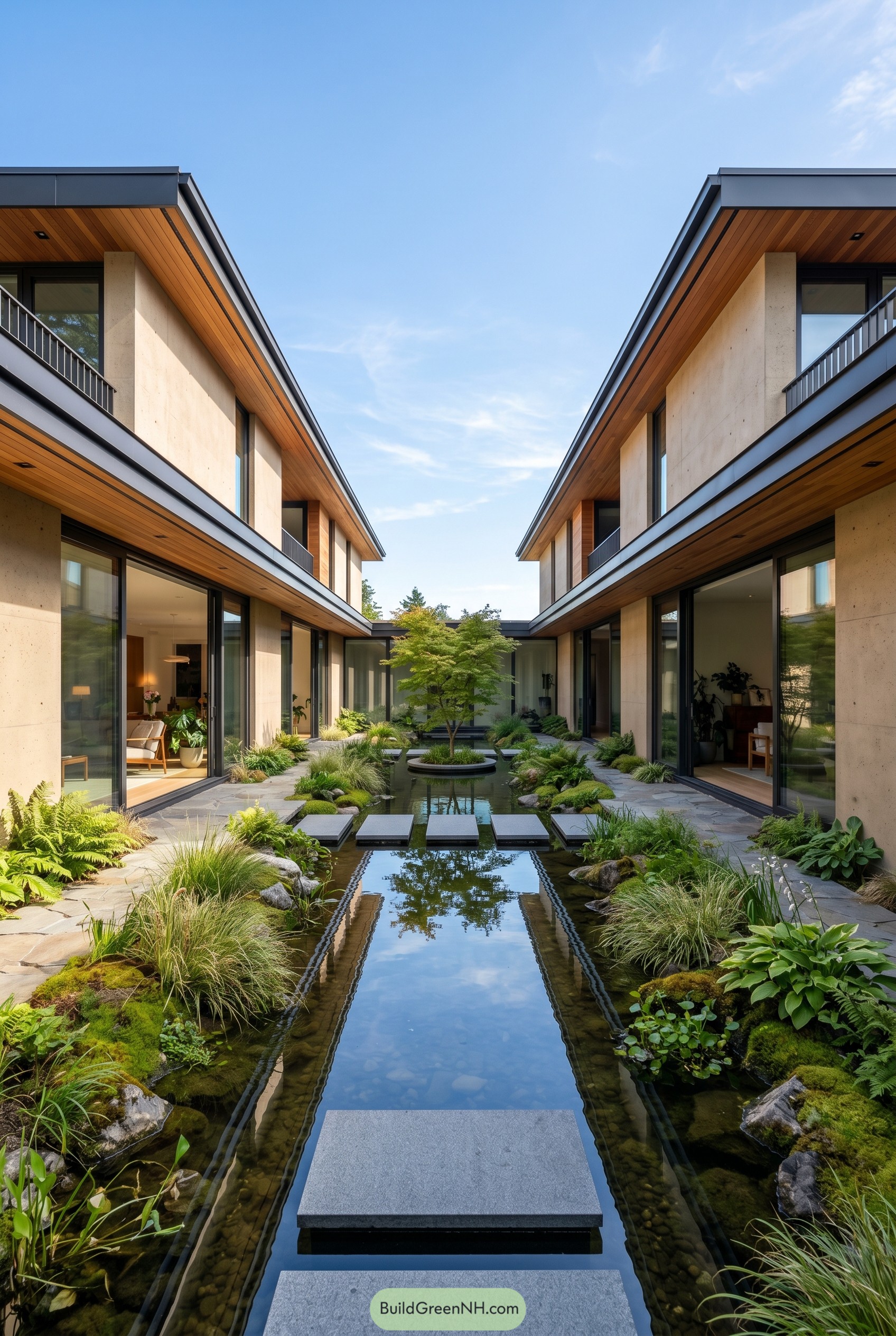 Modern twin wing house around a planted reflecting pond
