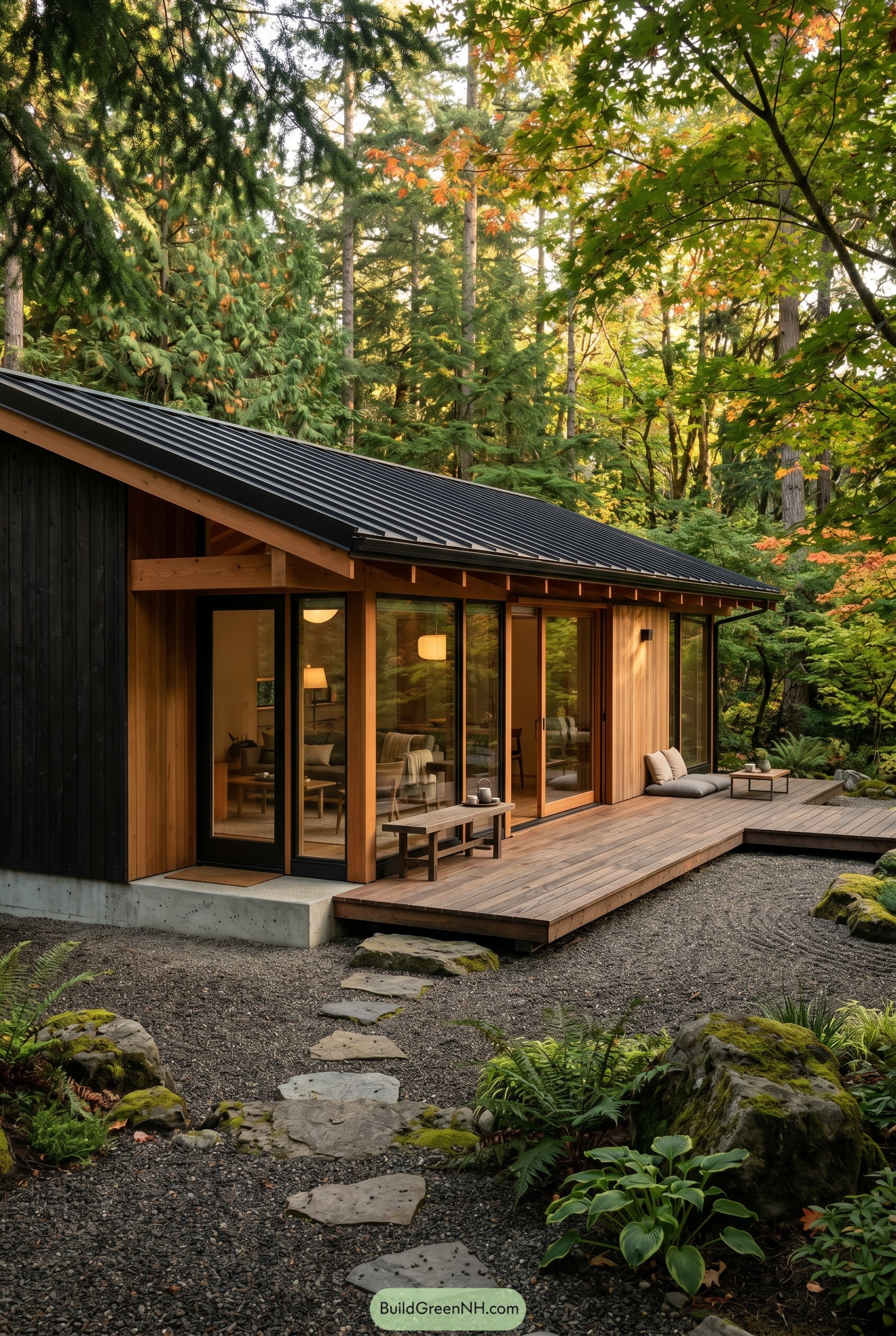 Modern timber house with forest deck and gravel garden