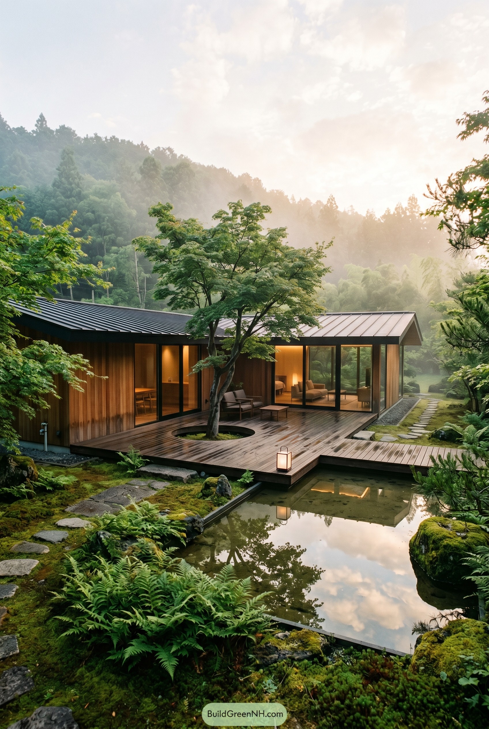 Modern wood home with deck courtyard and pond