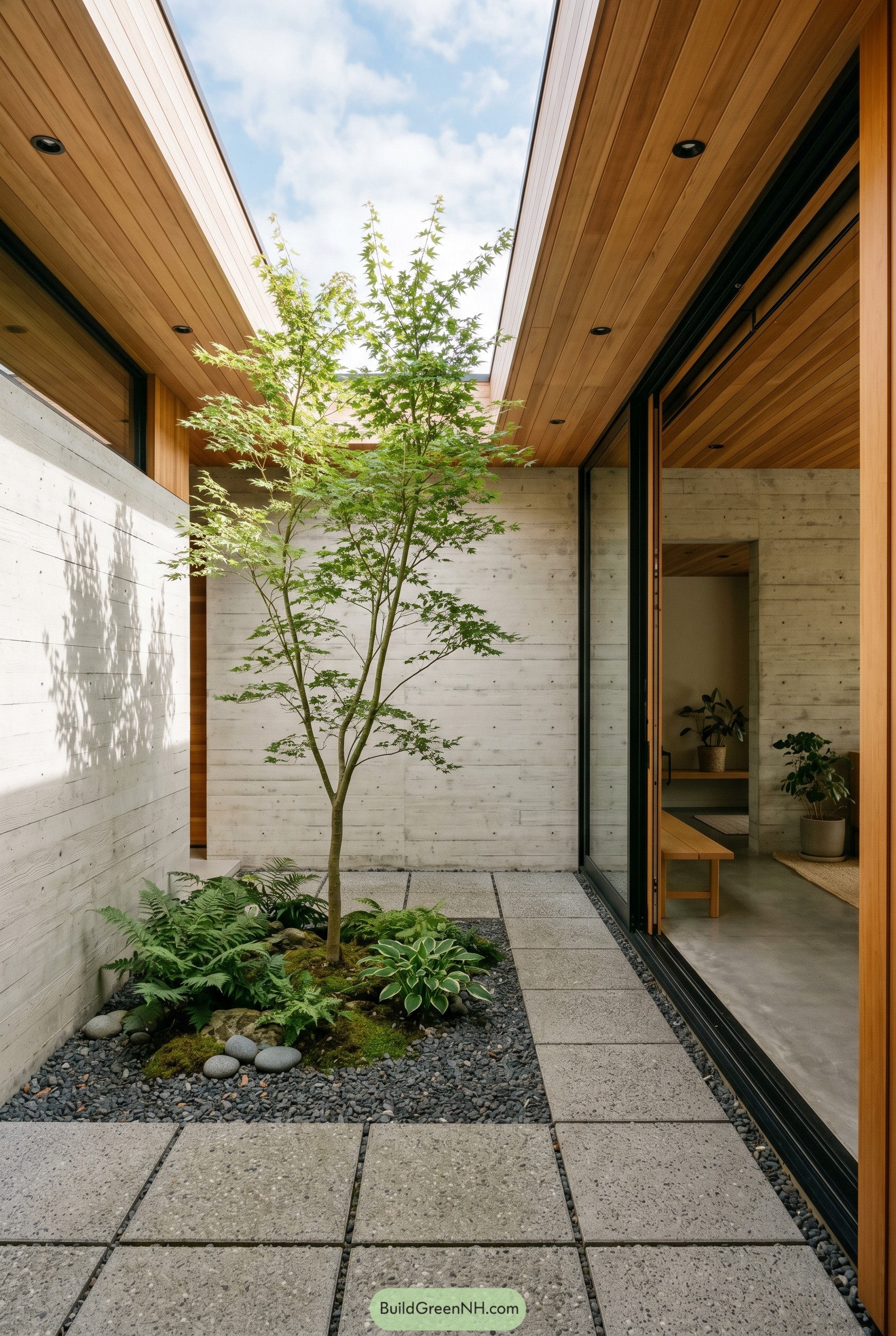 Japanese courtyard with maple and wood eaves