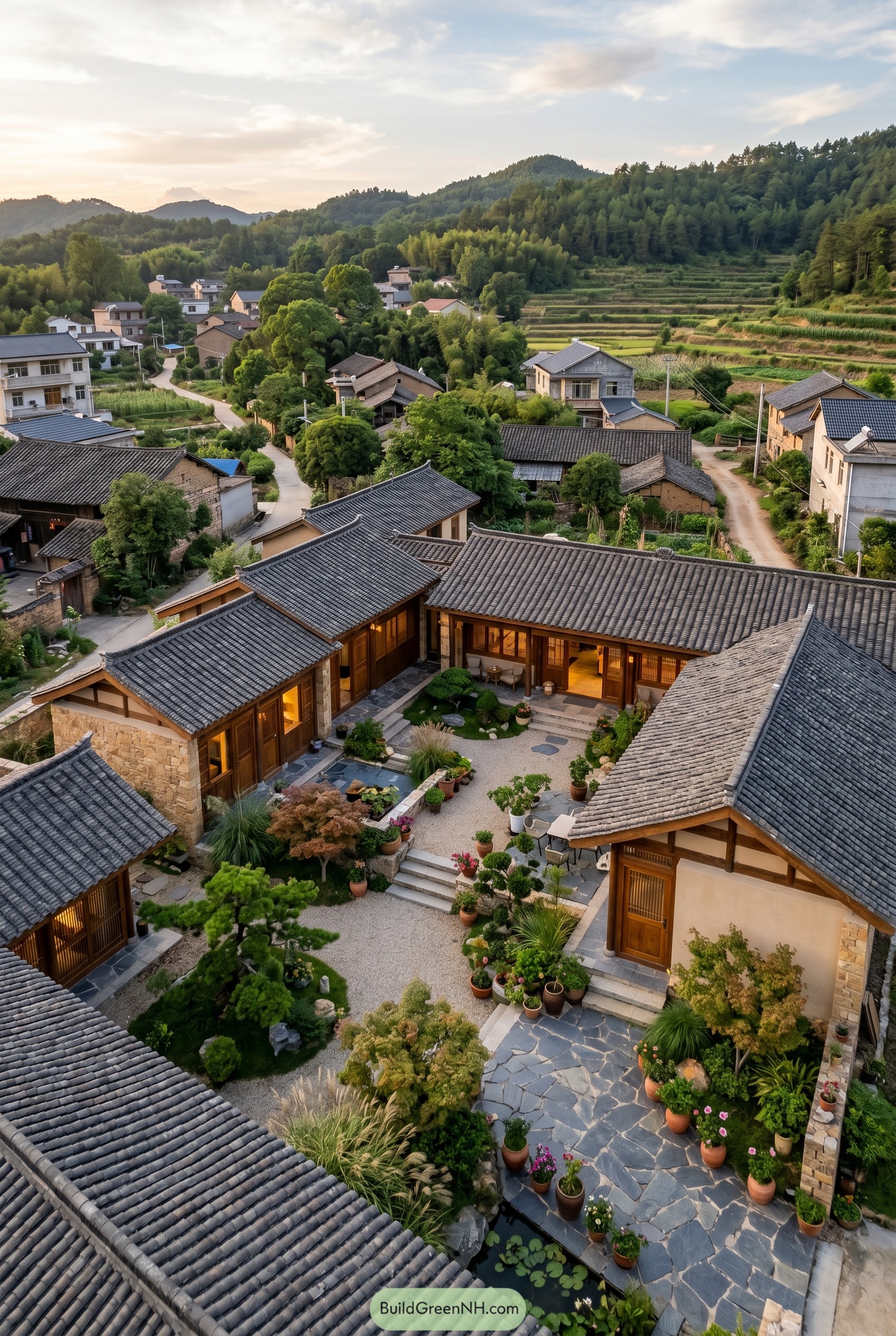 Tiled-roof home around a lush courtyard