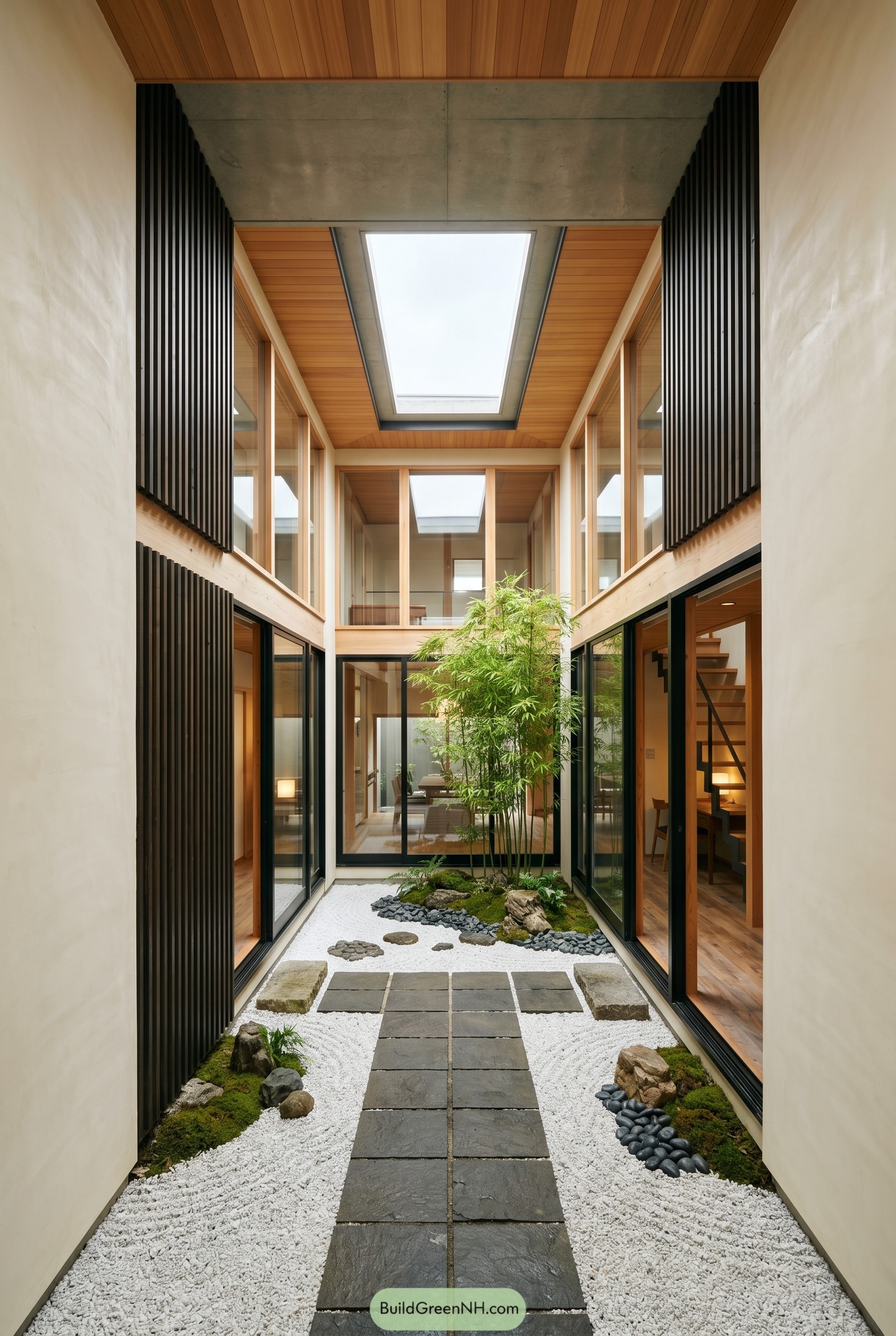 Modern Japanese courtyard with bamboo and raked gravel