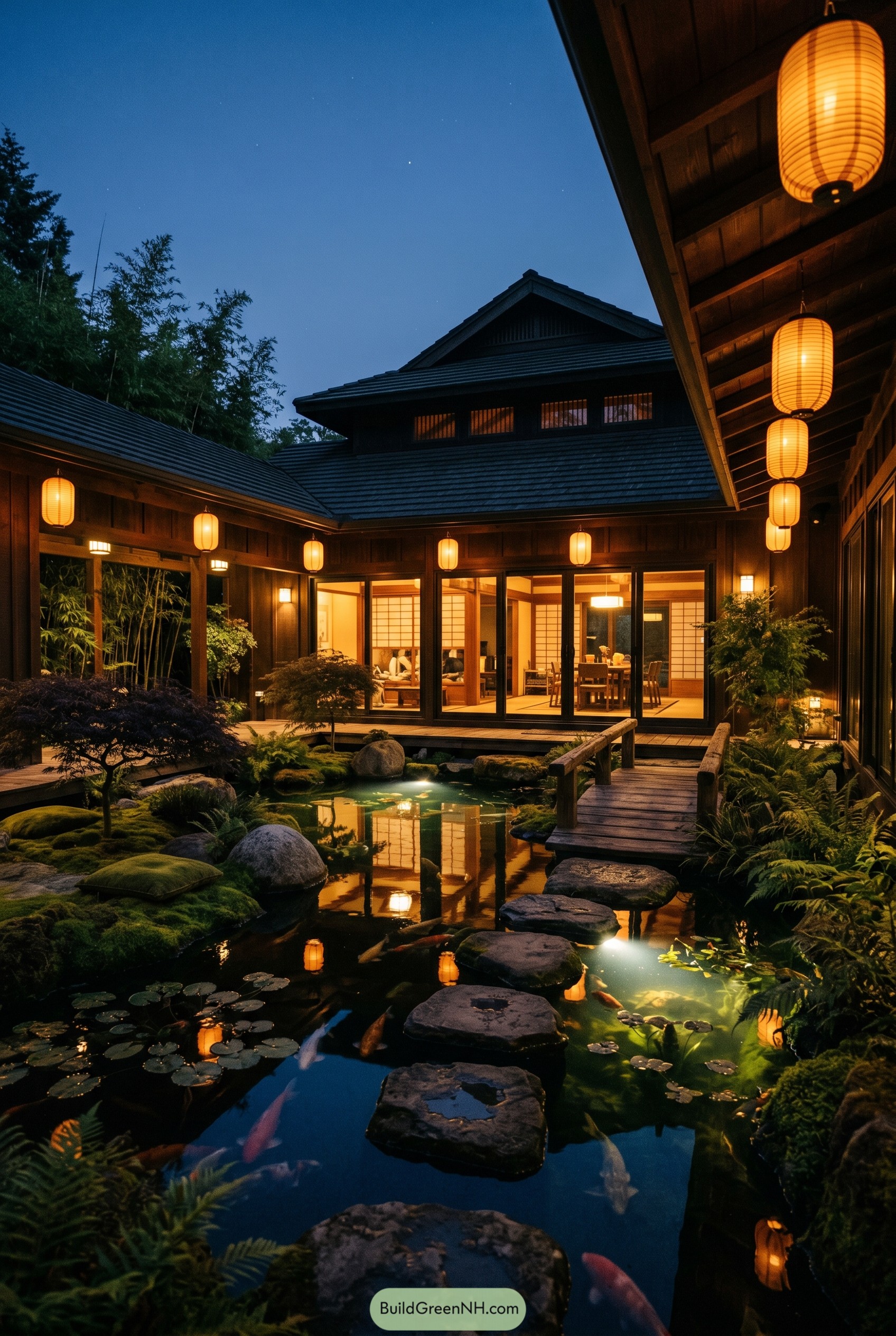 Japanese courtyard house with koi pond and lanterns