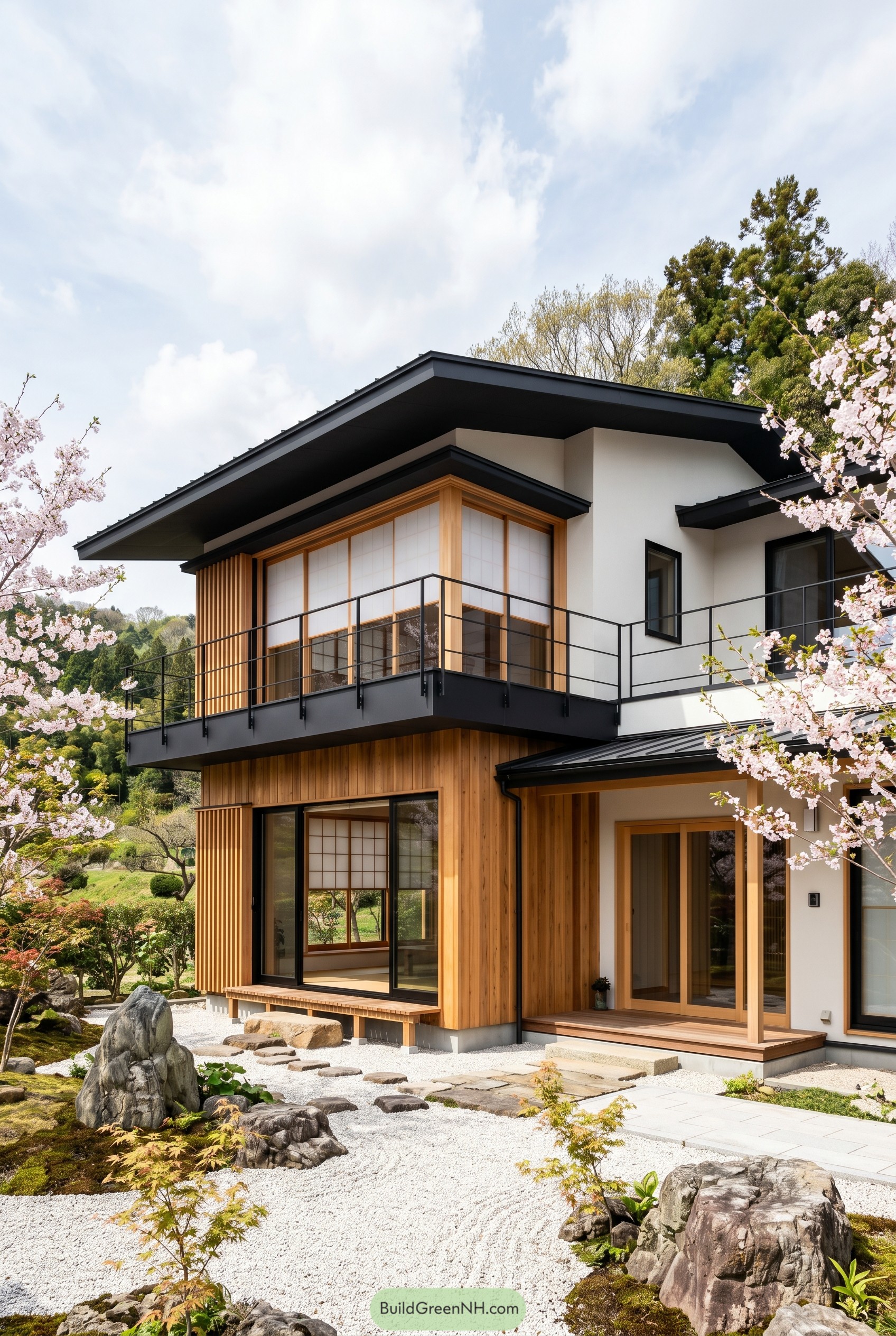 Modern Japanese home with cherry blossoms
