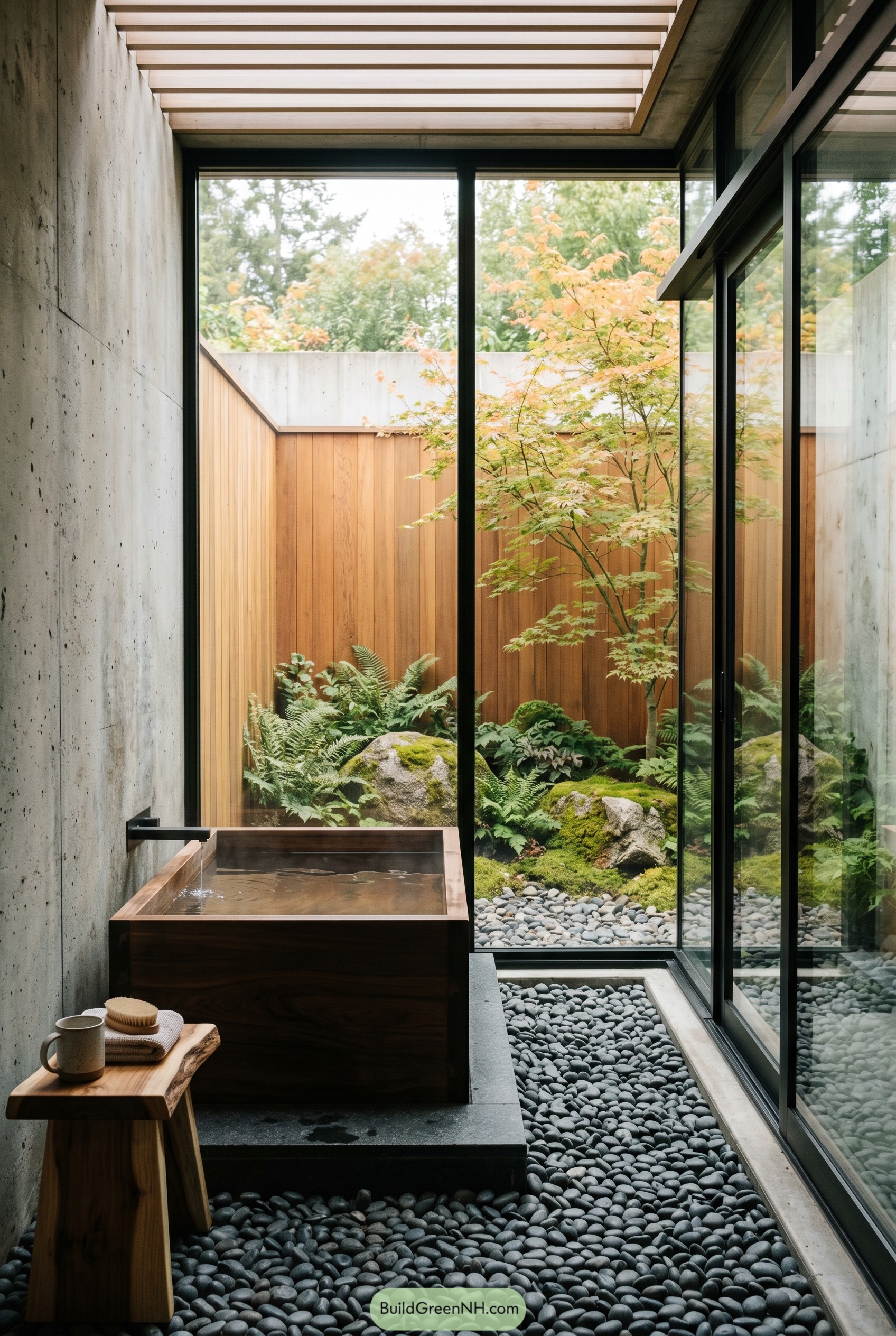 Private bath beside a glass courtyard garden
