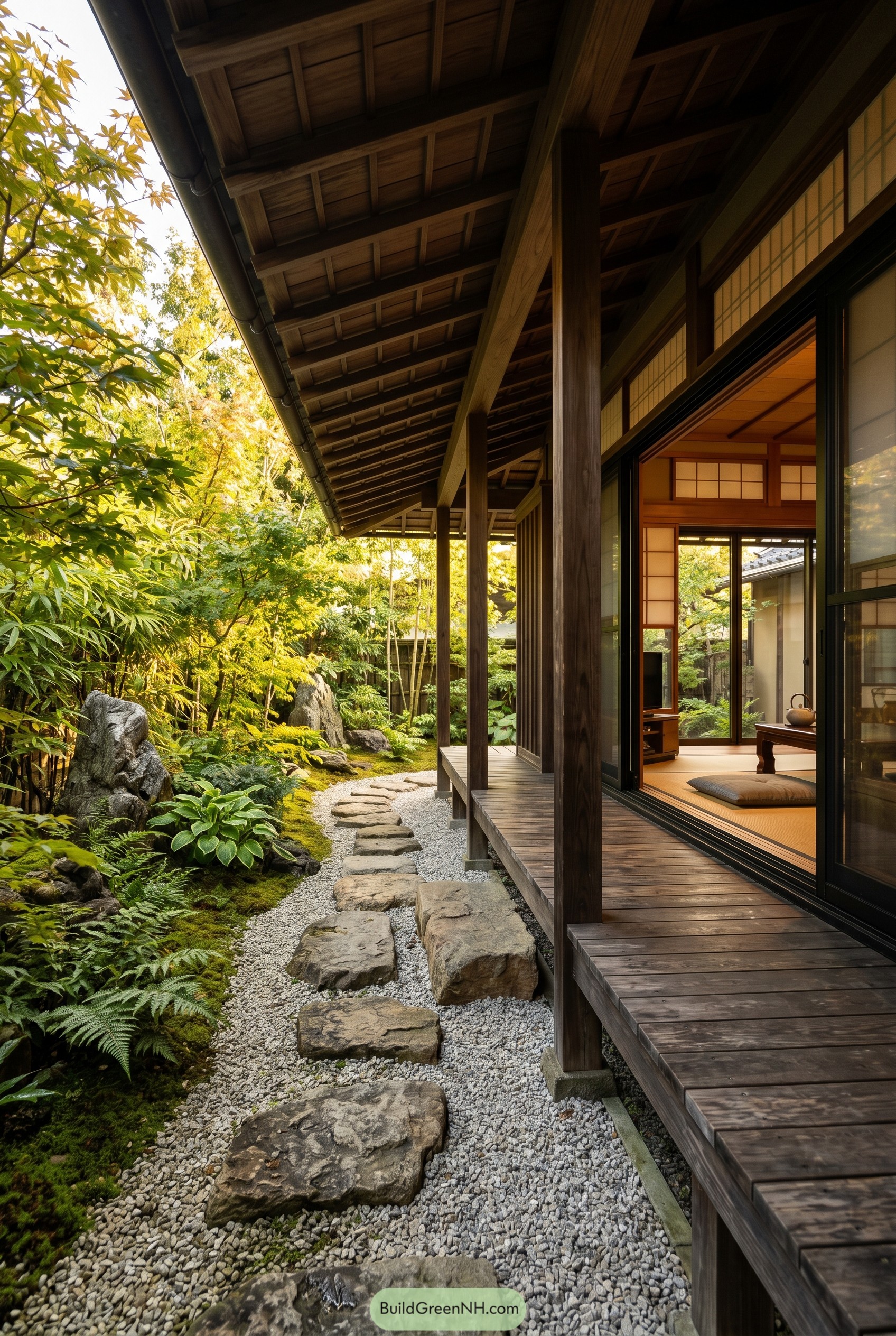 Wooden engawa facing a lush Japanese courtyard