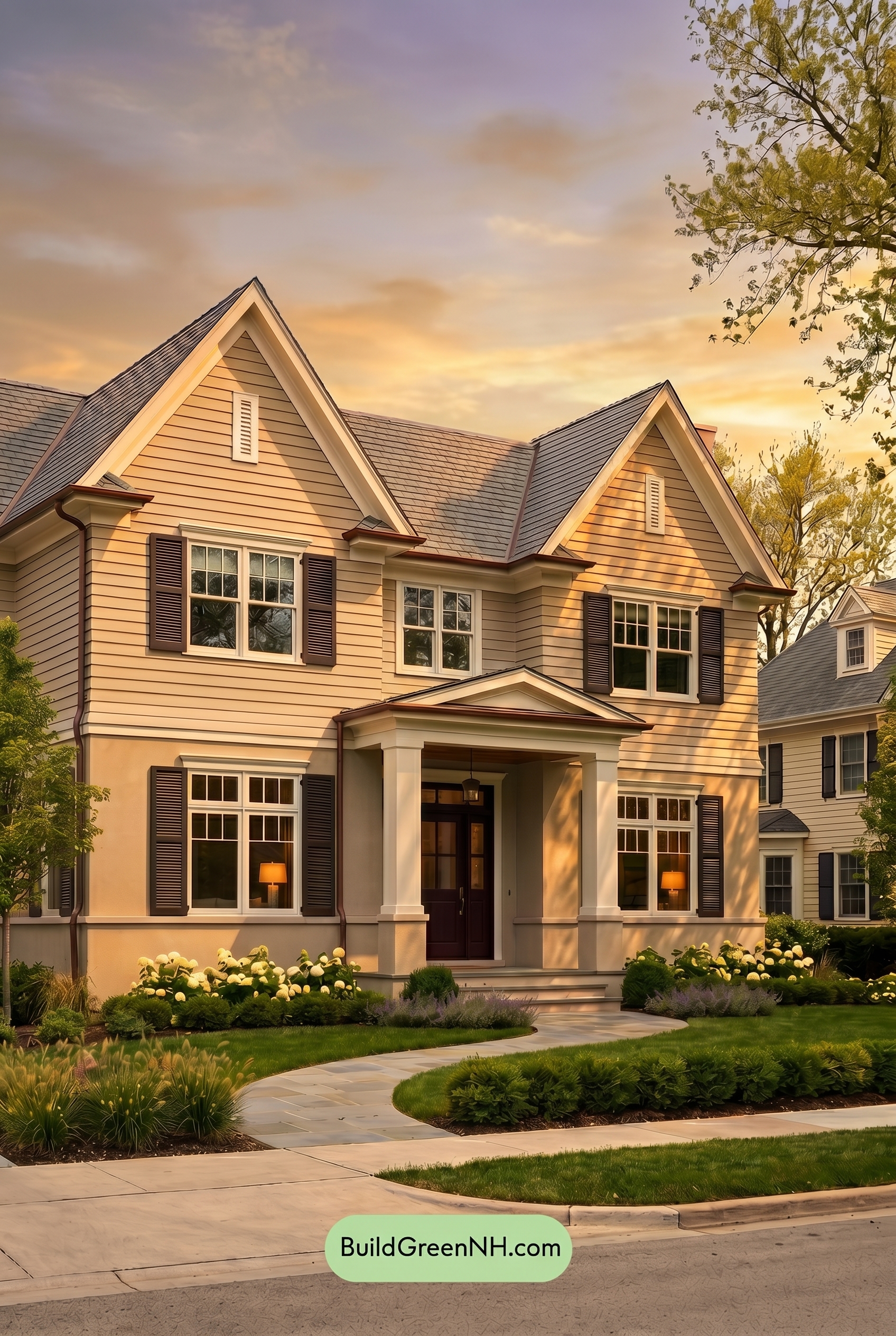Light Grey Exterior Color Scheme: Ash White Townhouse - Golden Hour