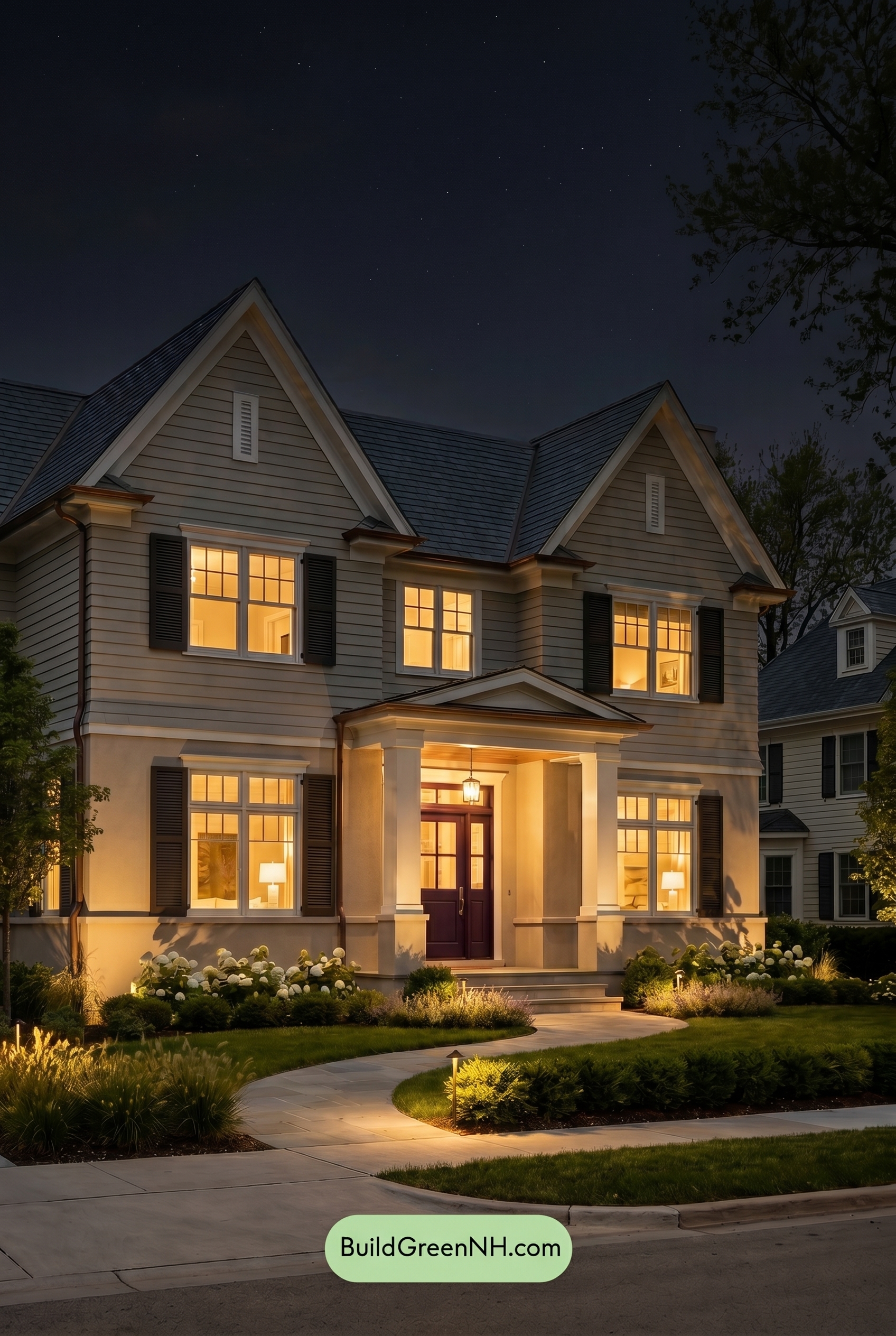 Light Grey Exterior Color Scheme: Ash White Townhouse - Nighttime
