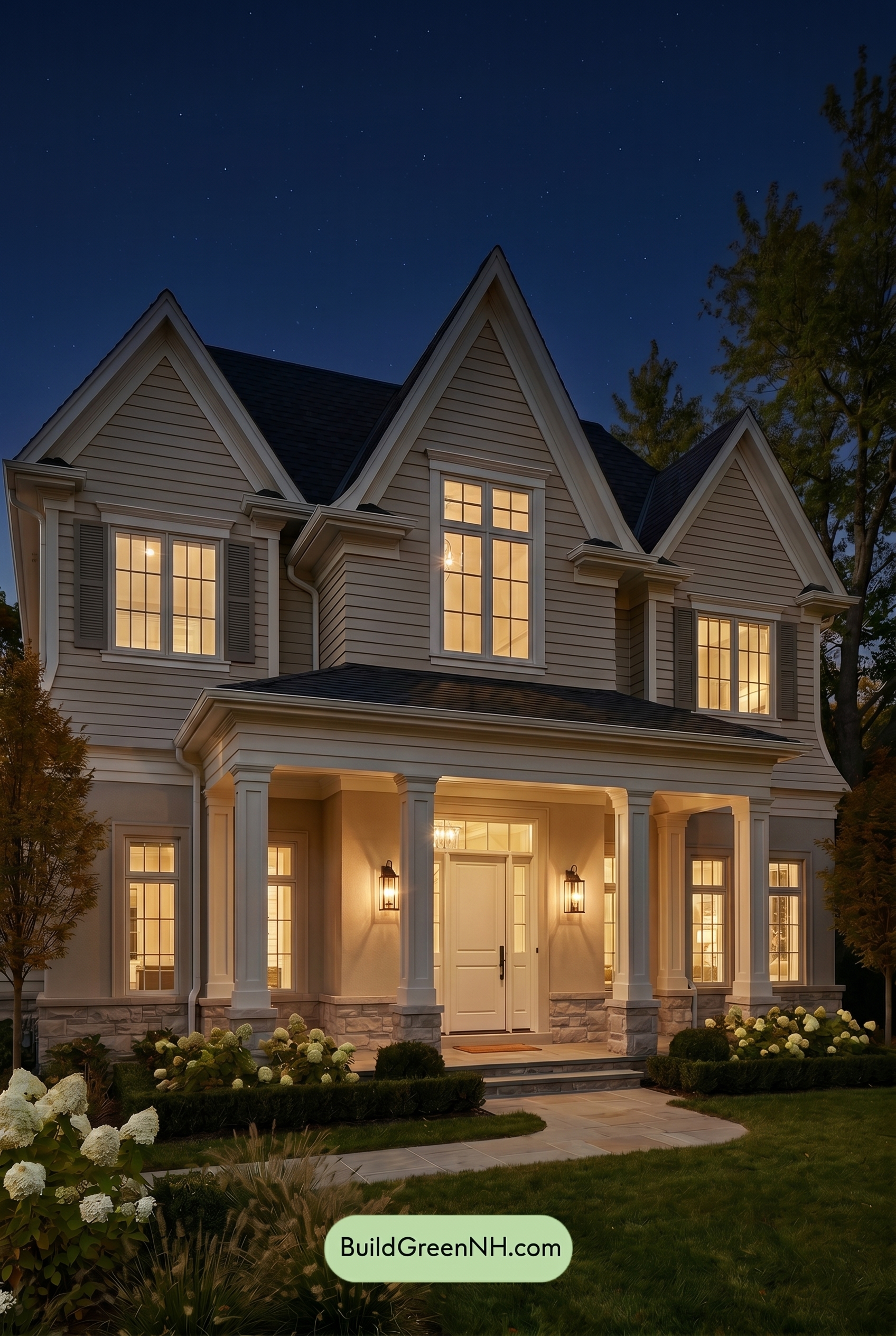 Light Grey Exterior Color Scheme: Family Light Grey Exterior - Nighttime