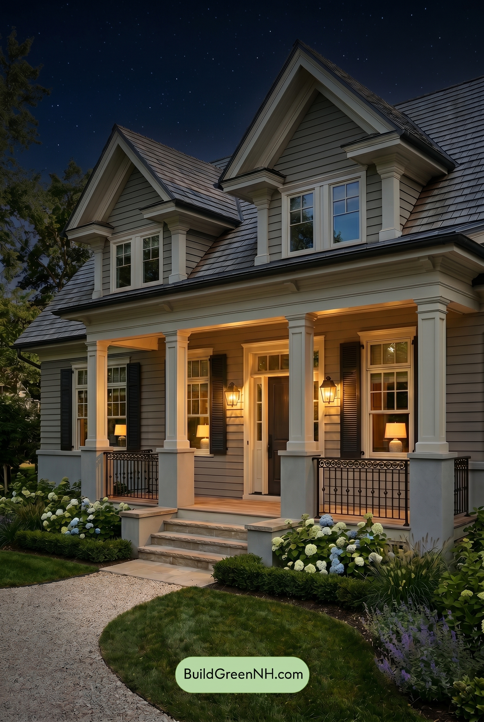 Light Grey Exterior Color Scheme: Greige Coastal Calm - Nighttime