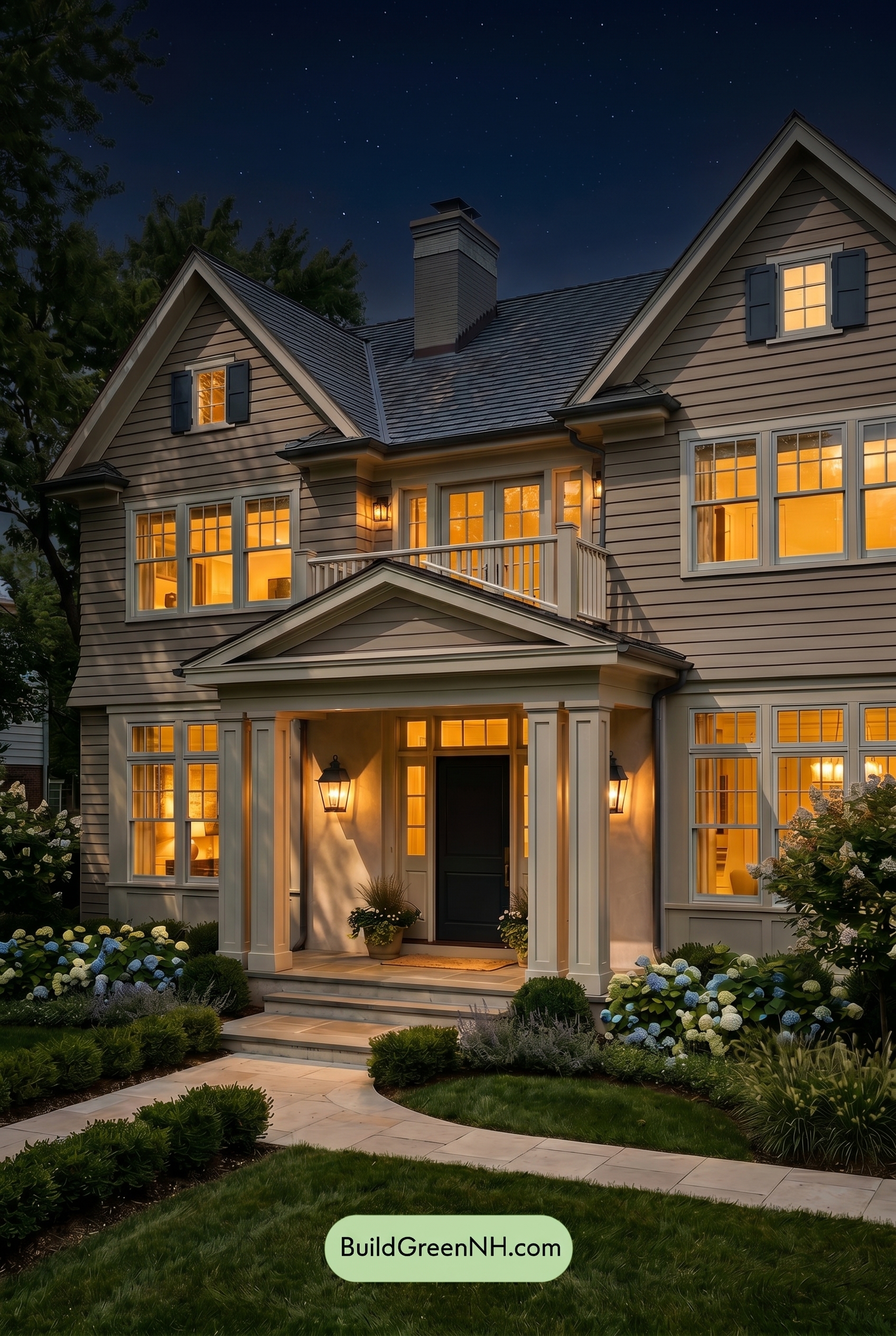 Light Grey Exterior Color Scheme: Greige Coastal Calm - Nighttime