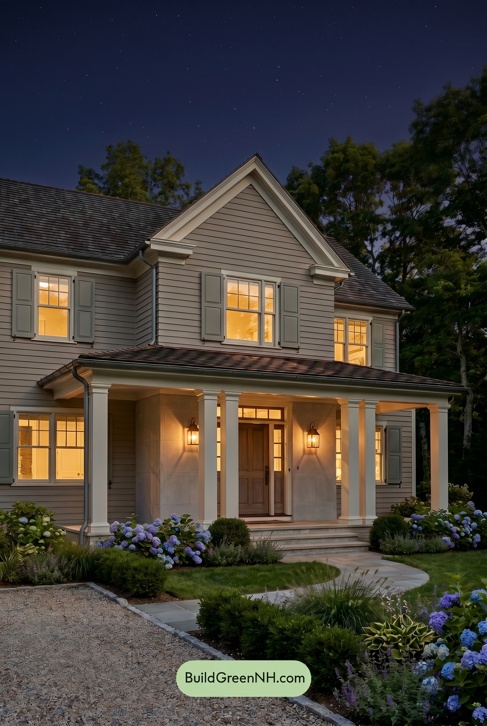 Light Grey Exterior Color Scheme: Greige Coastal Calm - Nighttime