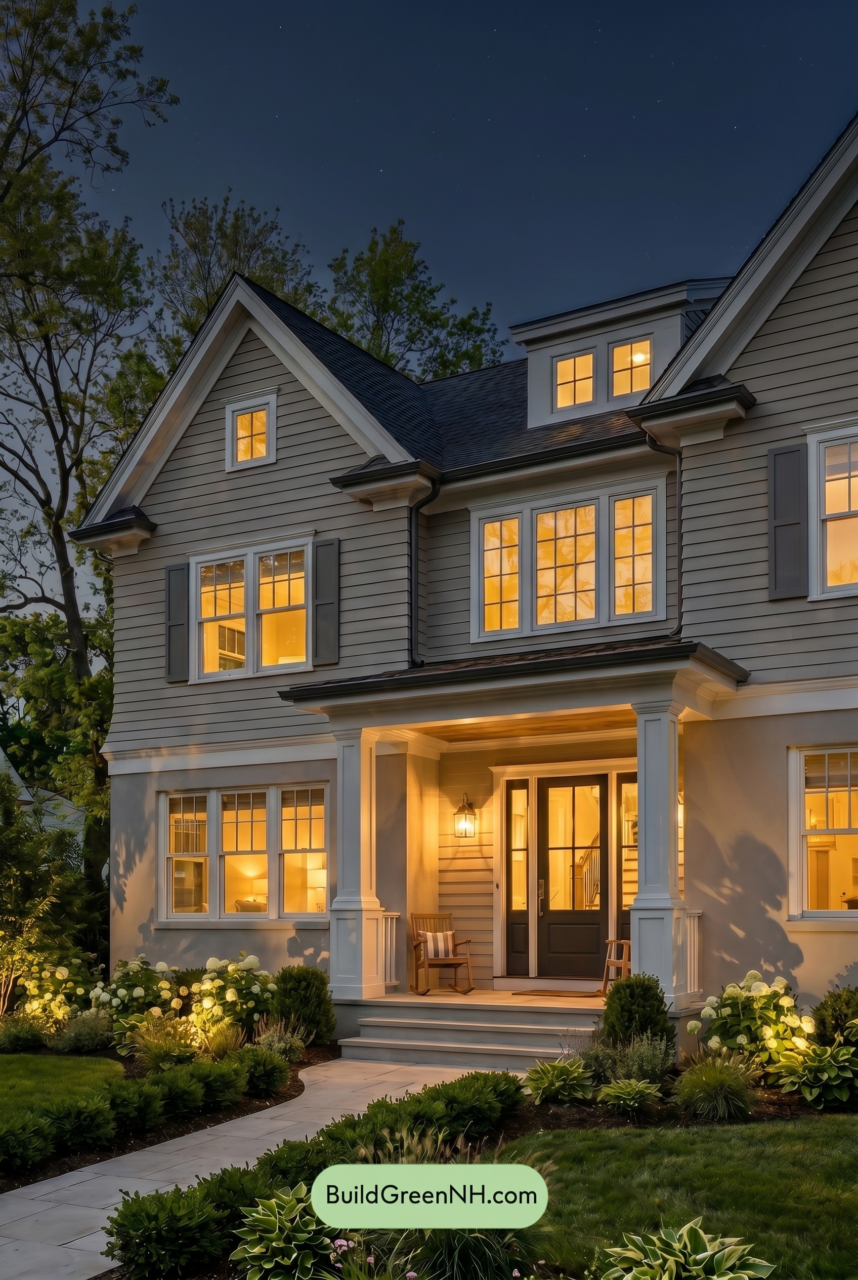 Light Grey Exterior Color Scheme: Pale Gray Warmth - Nighttime