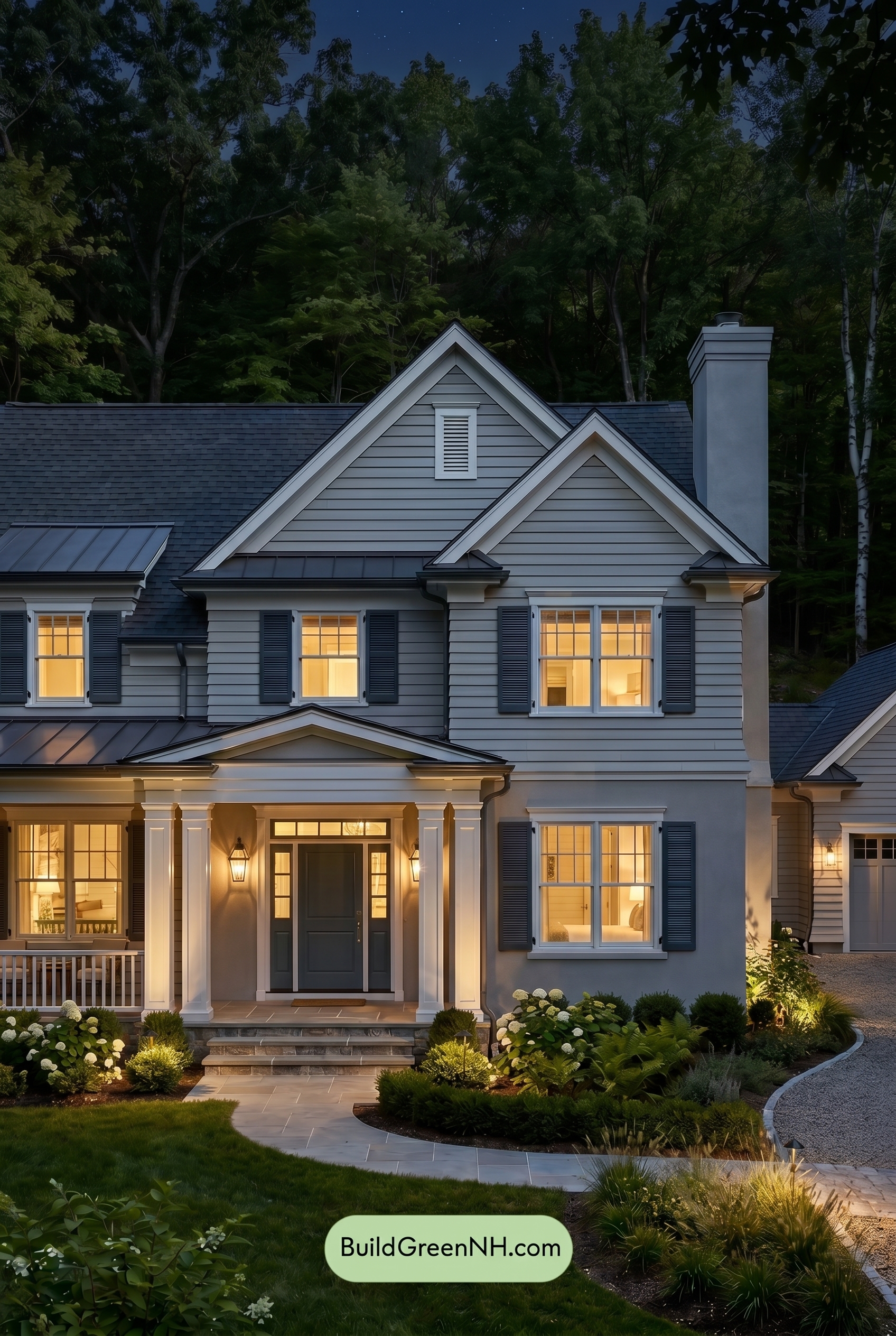 Light Grey Exterior Color Scheme: Silver Gray Retreat - Nighttime