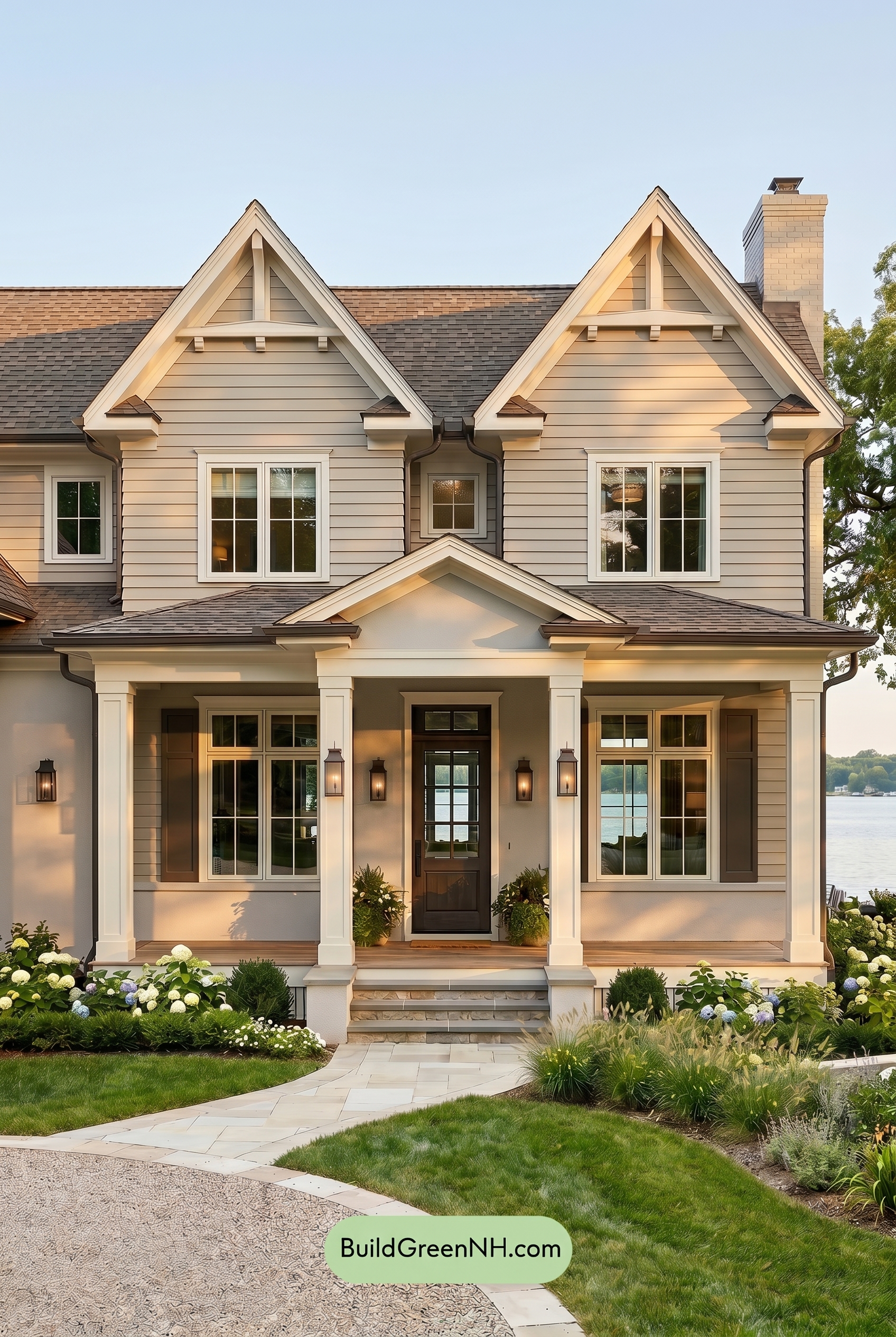 Light Grey Exterior Color Scheme: Silver Taupe Porch - Golden Hour