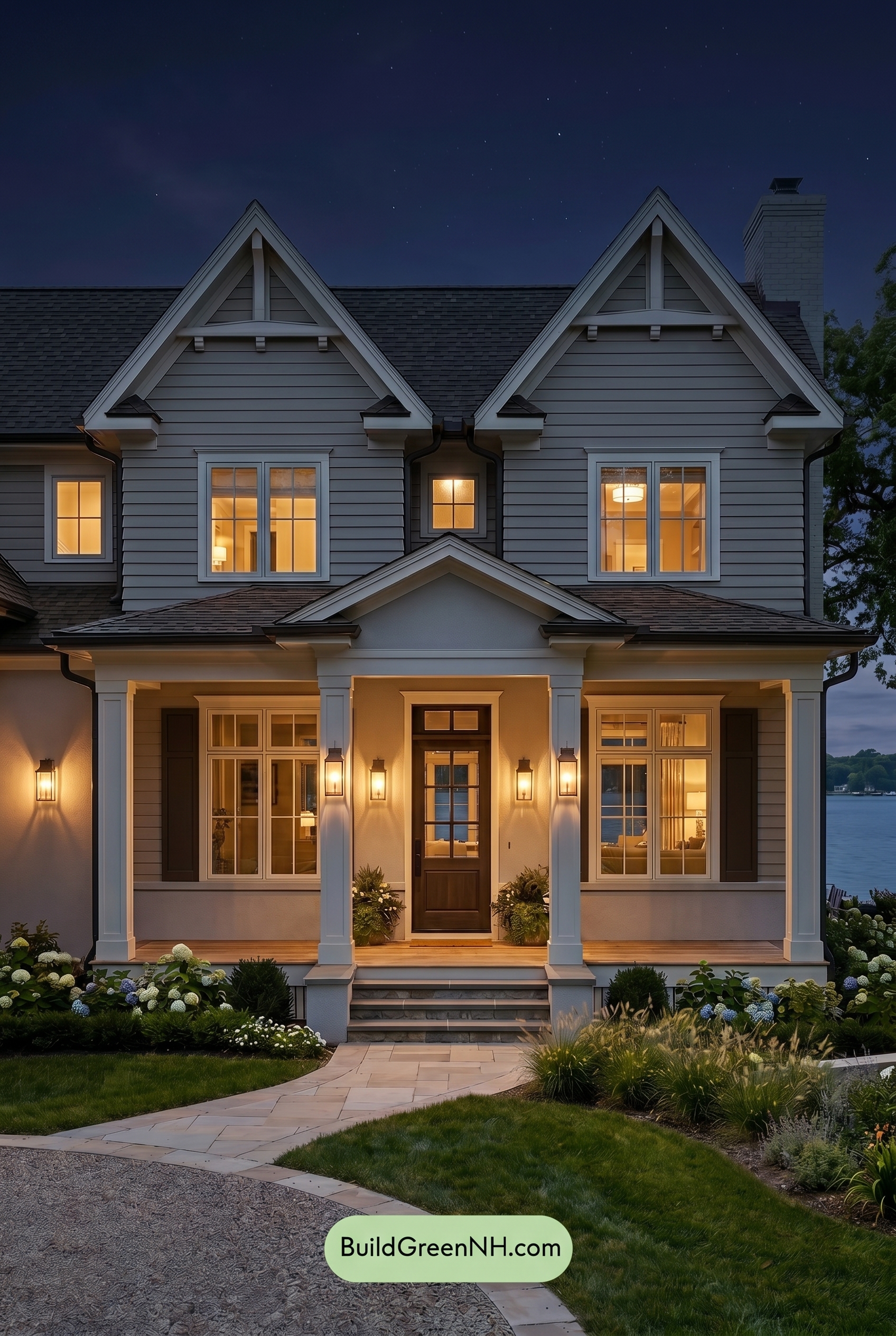 Light Grey Exterior Color Scheme: Silver Taupe Porch - Nighttime