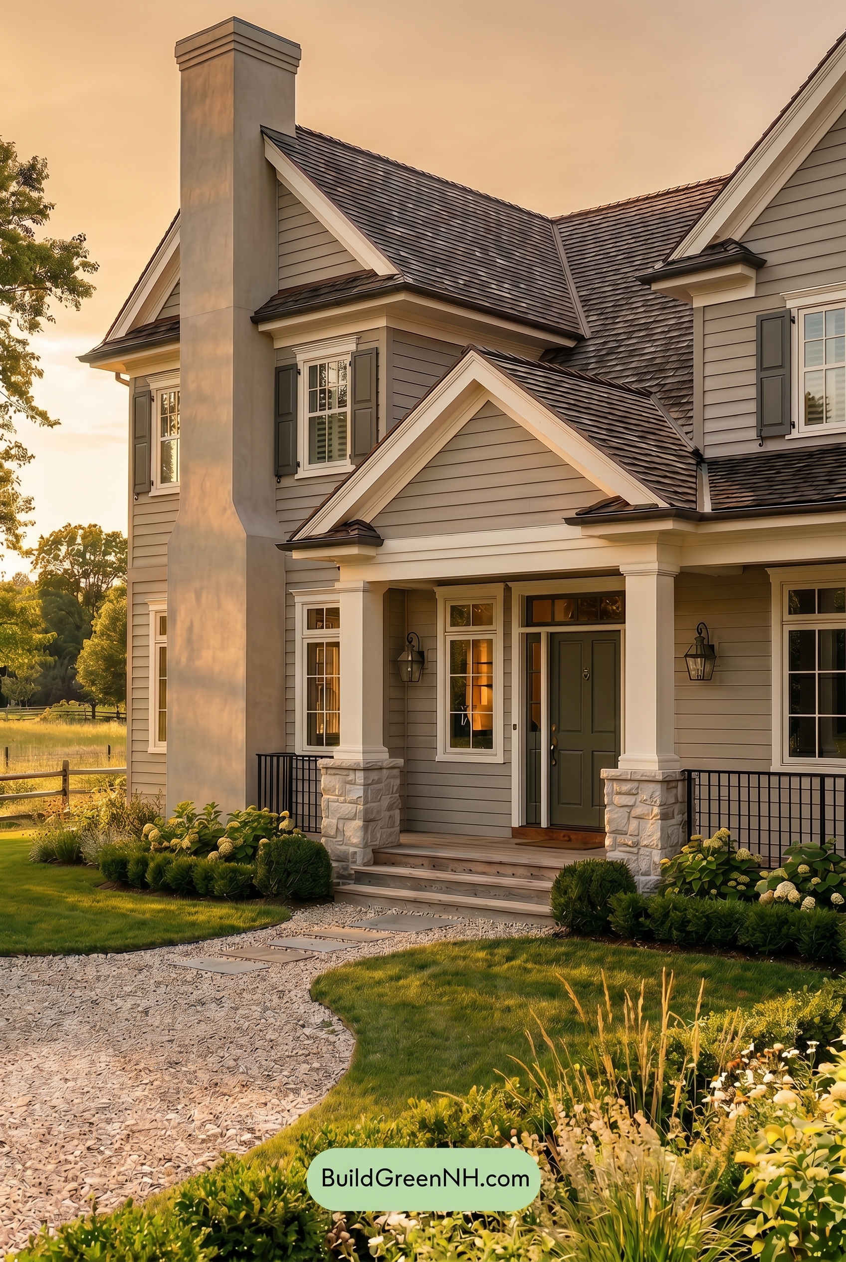 Light Grey Exterior Color Scheme: Smoky Farm Grace - Golden Hour