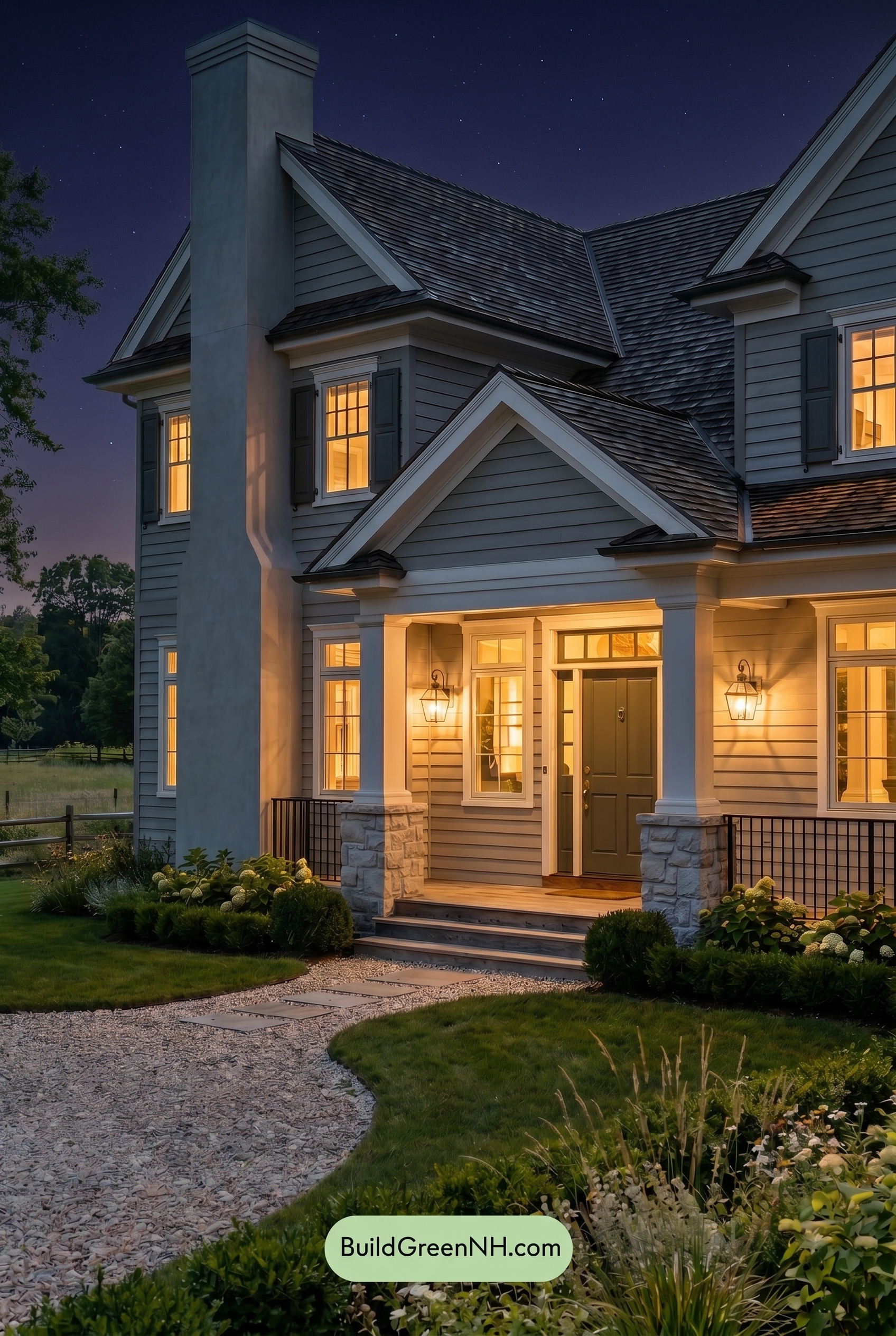 Light Grey Exterior Color Scheme: Smoky Farm Grace - Nighttime
