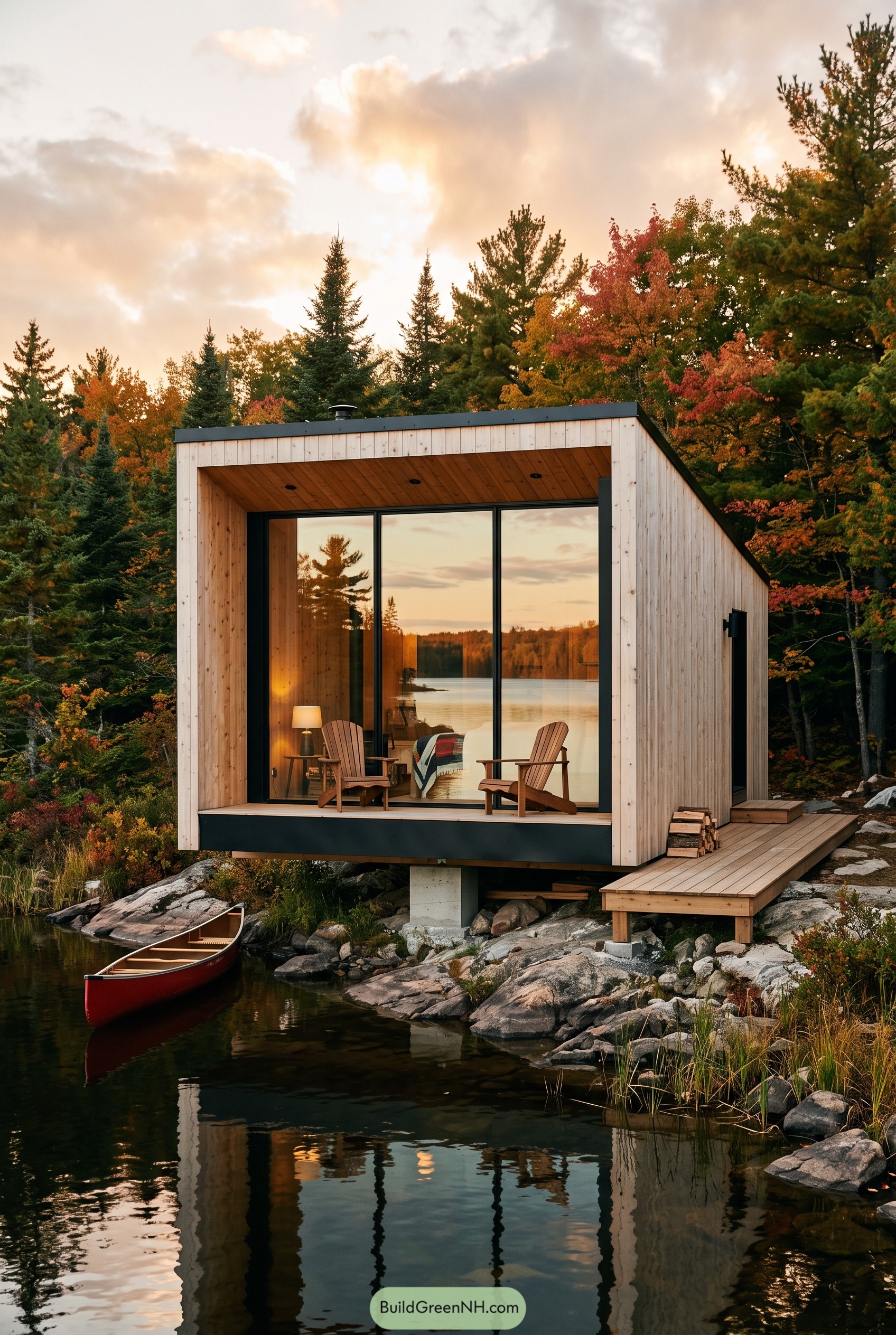 Modern wood cabin on a rocky lakeshore