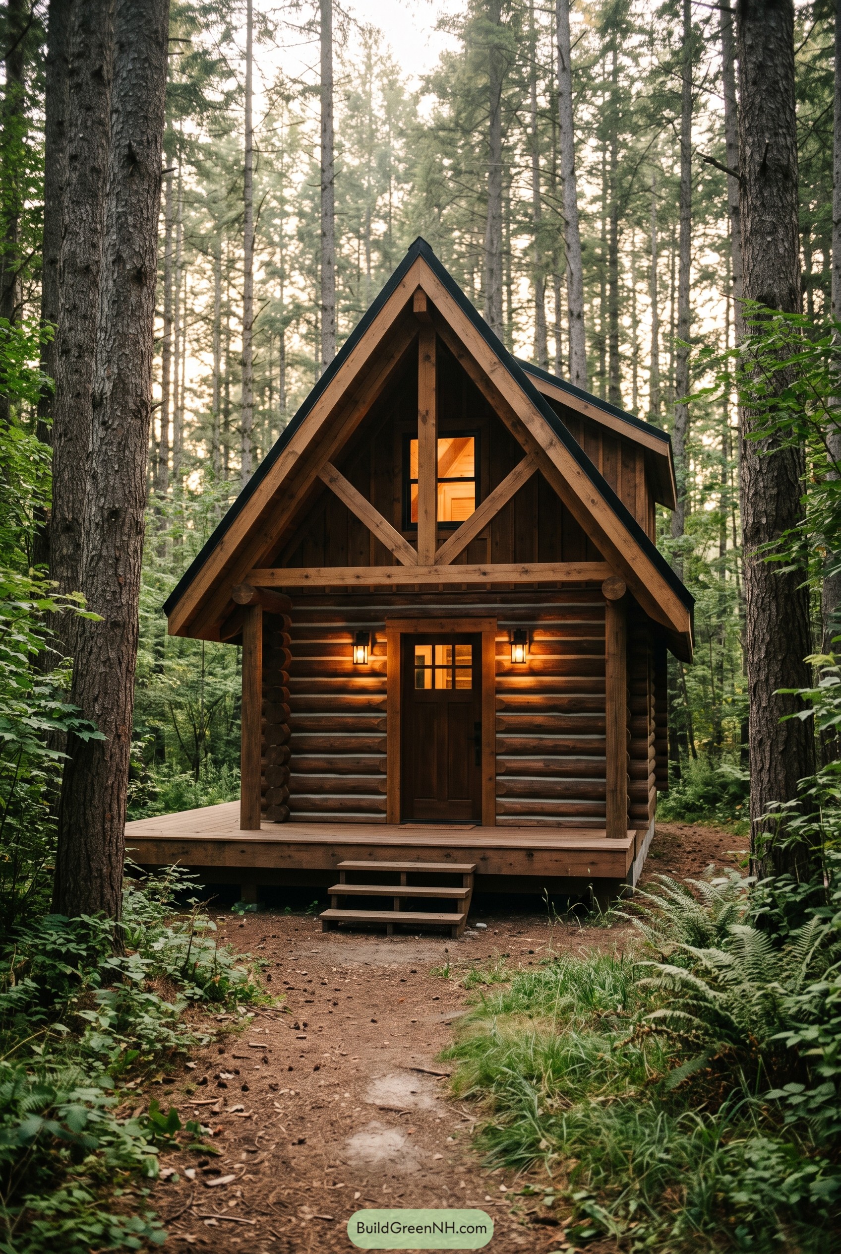 Small log cabin with steep gable in forest