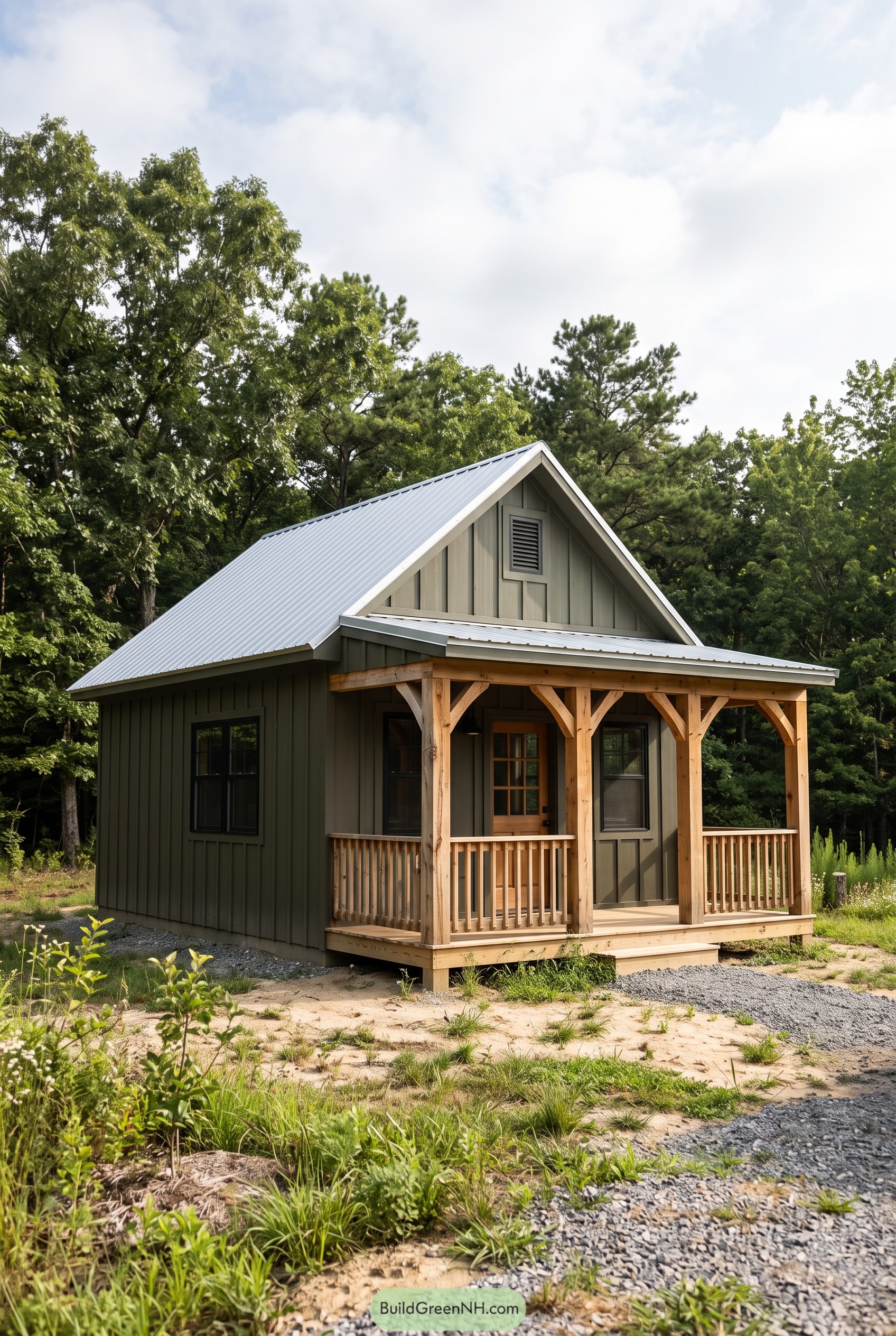 Olive cottage with metal roof and timber porch