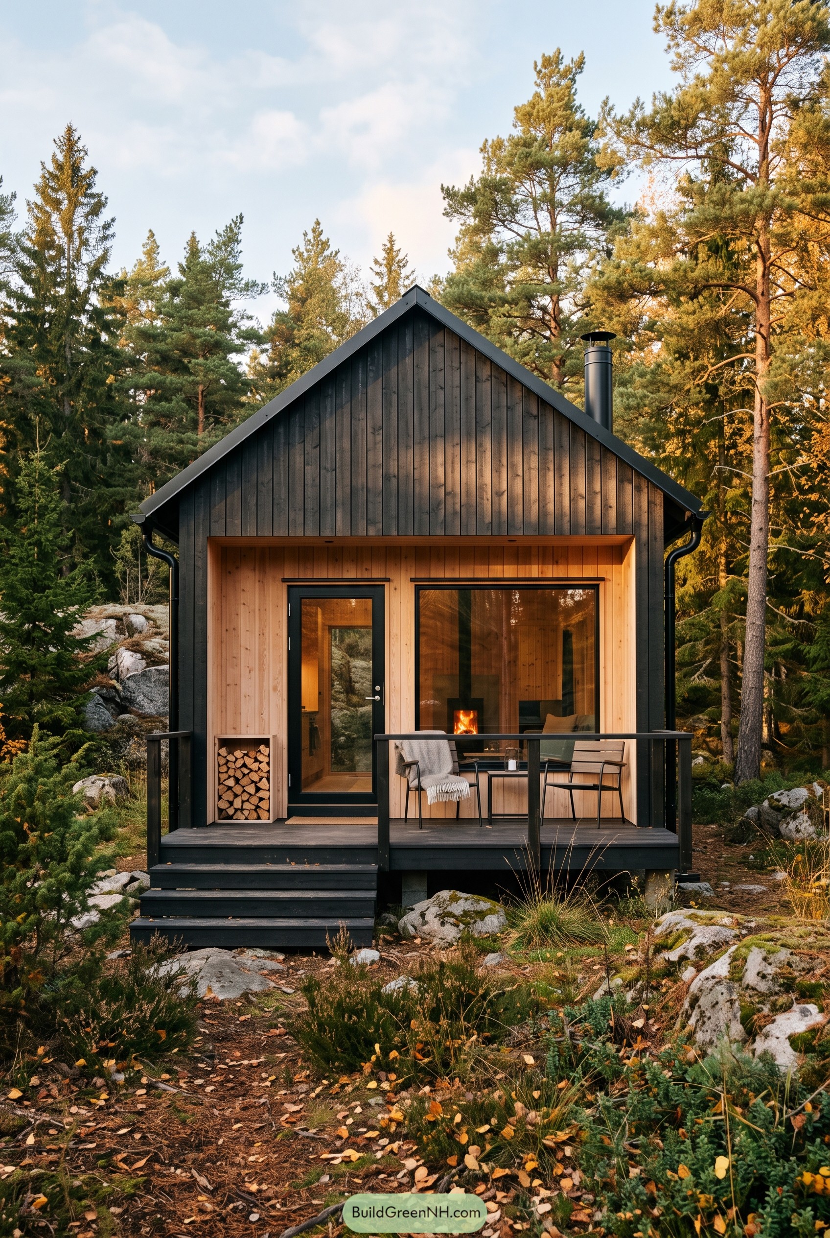 Black gable cabin with timber porch in forest