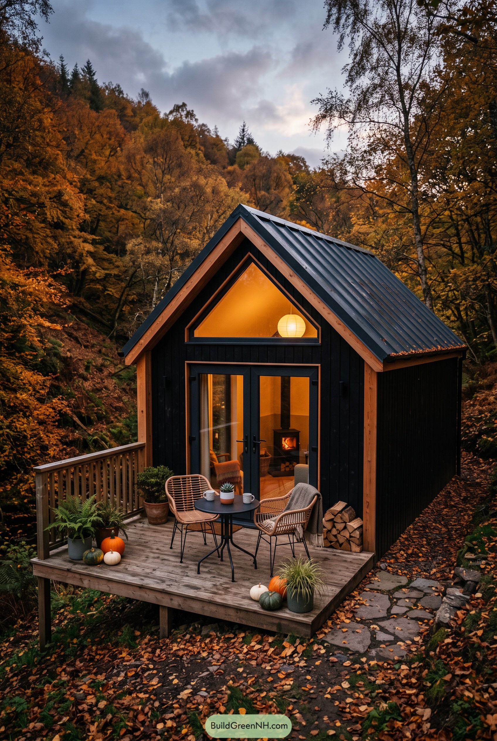 Black gable cabin with deck in autumn woods