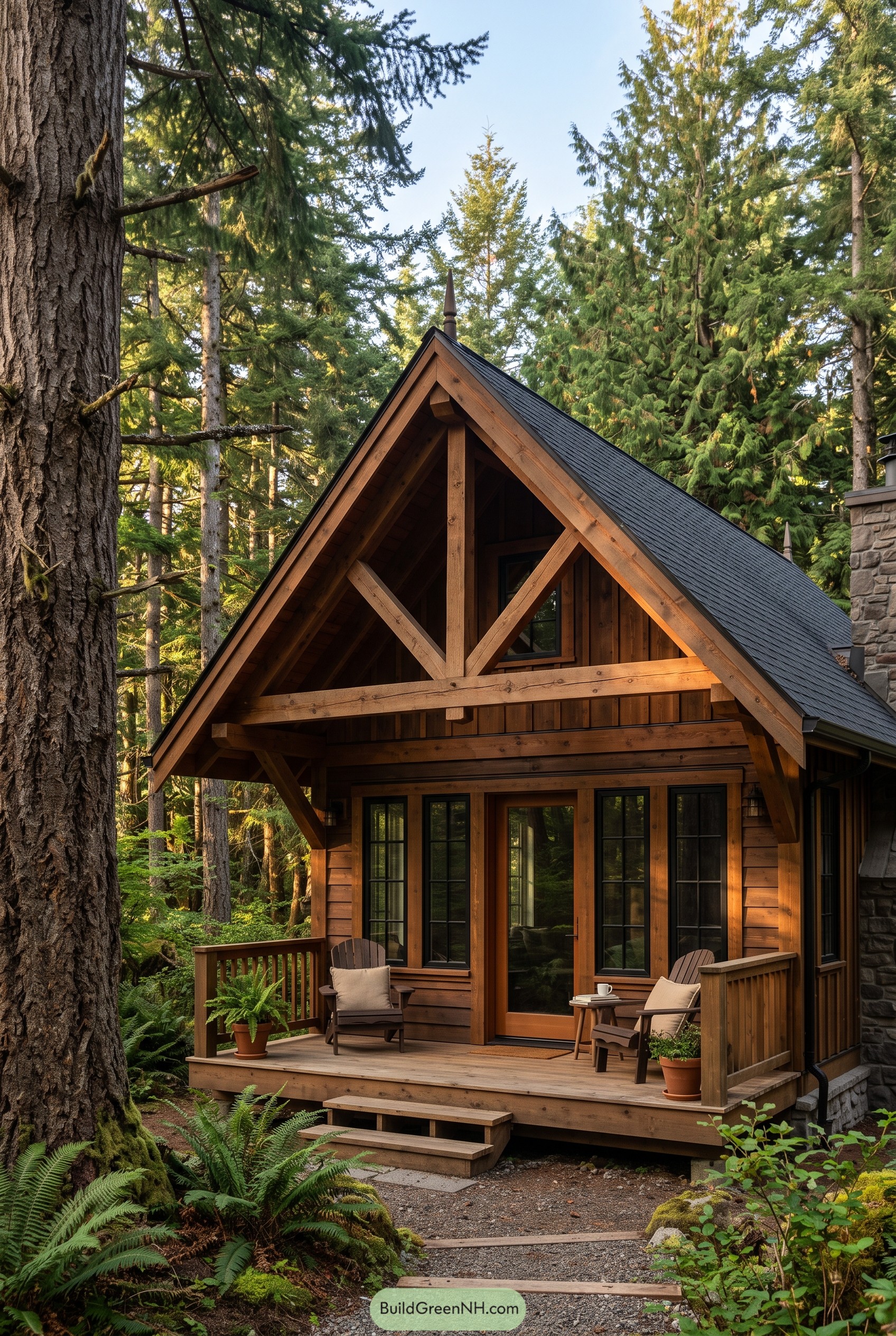 Timber A frame cabin with forest porch