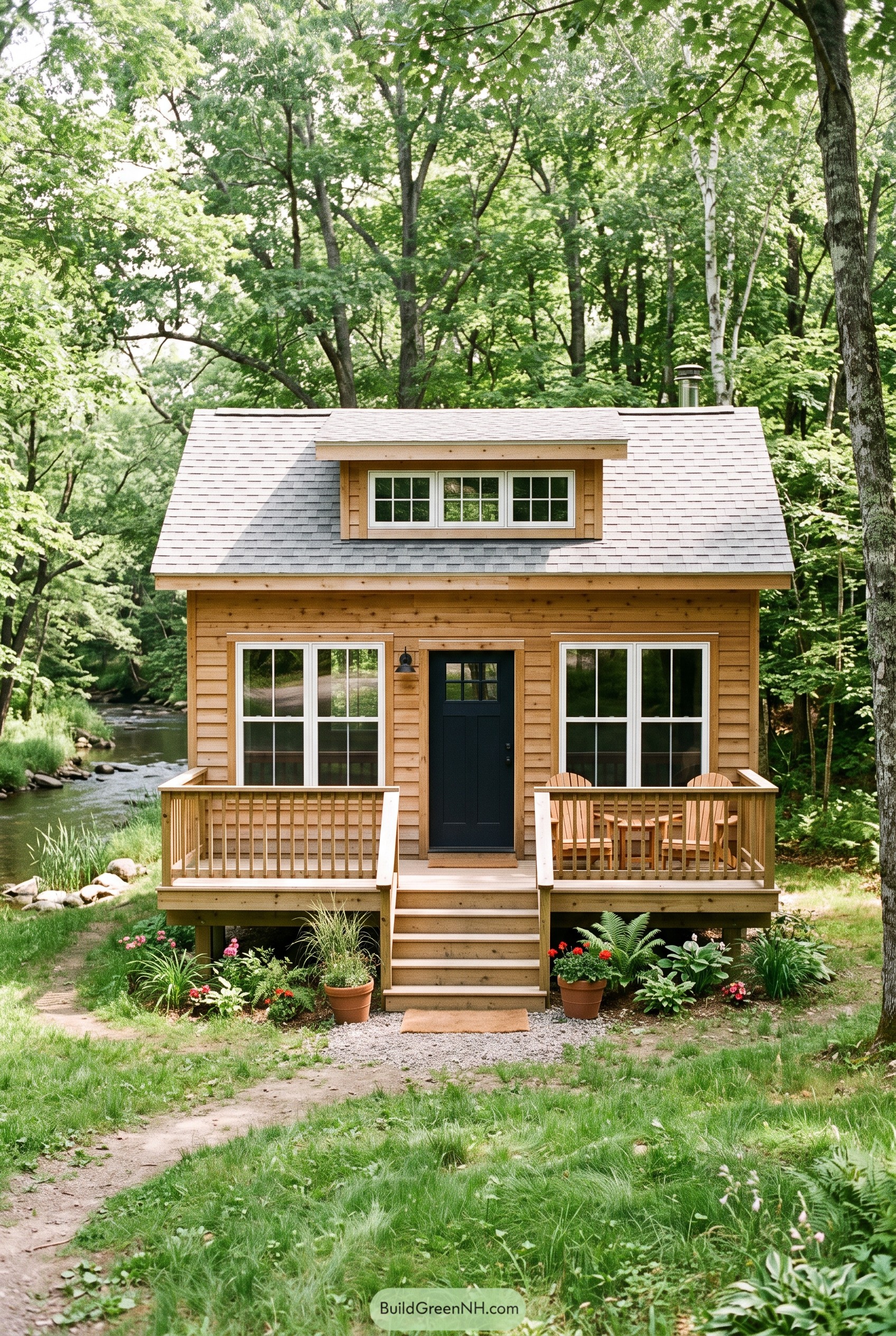 Small cedar cabin with porch beside a creek