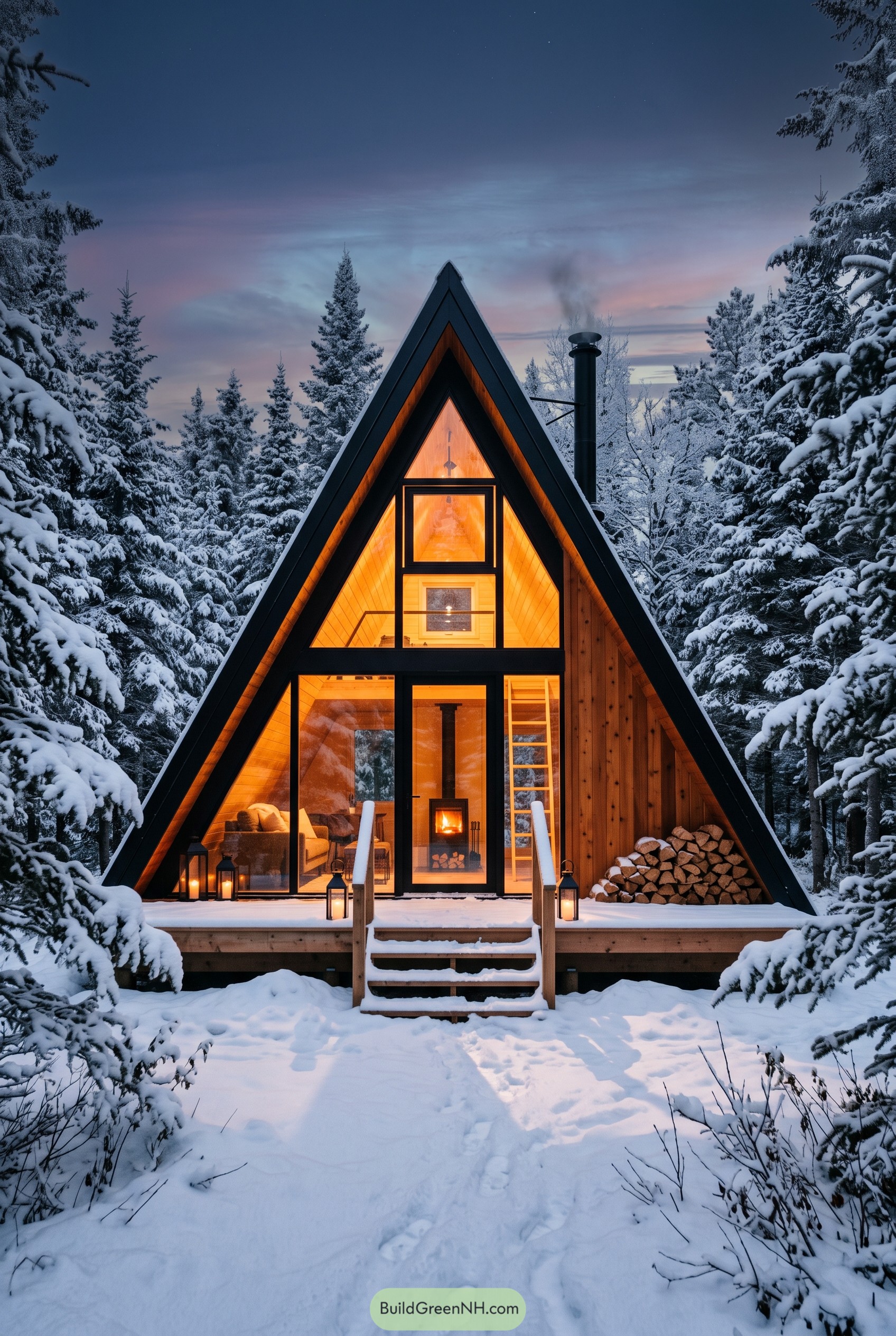 Snowy A-frame cabin glowing in a pine forest