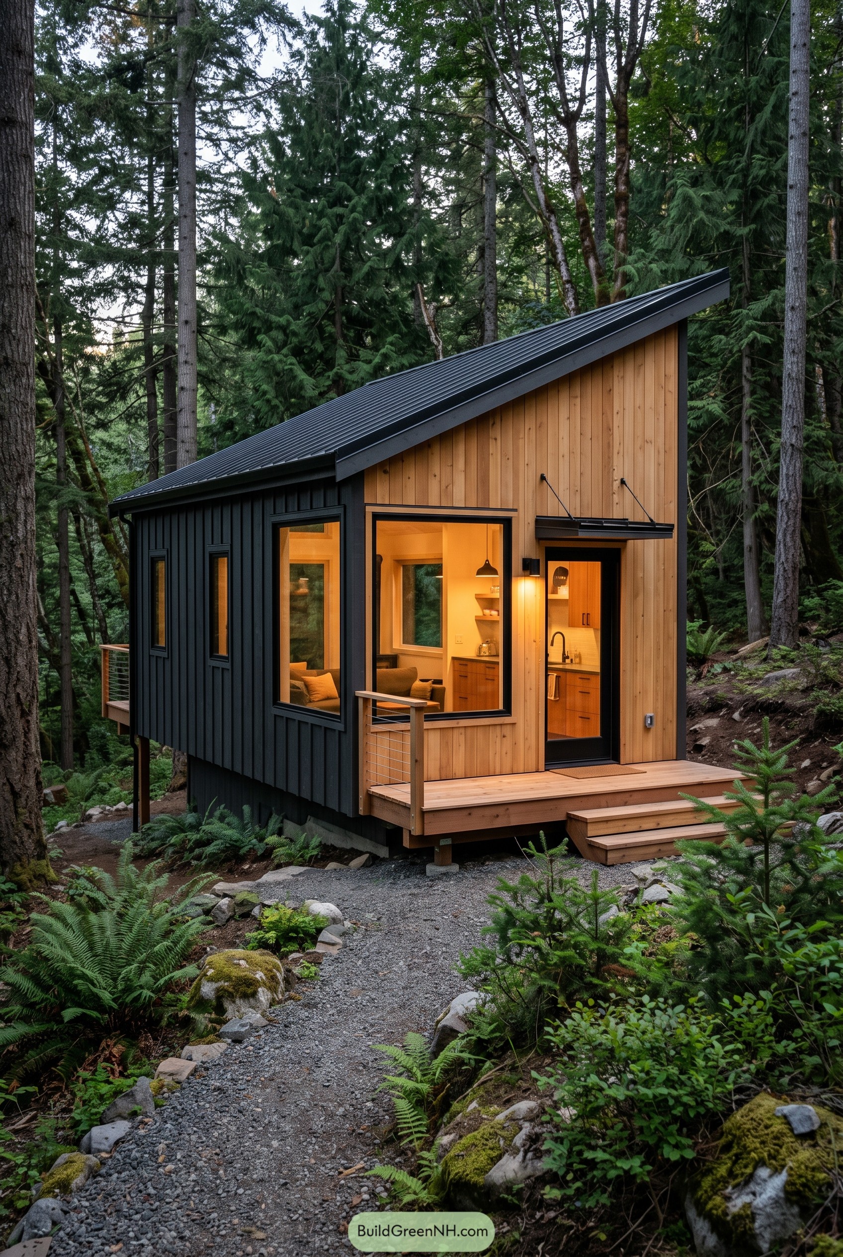 Modern tiny cabin with shed roof in forest