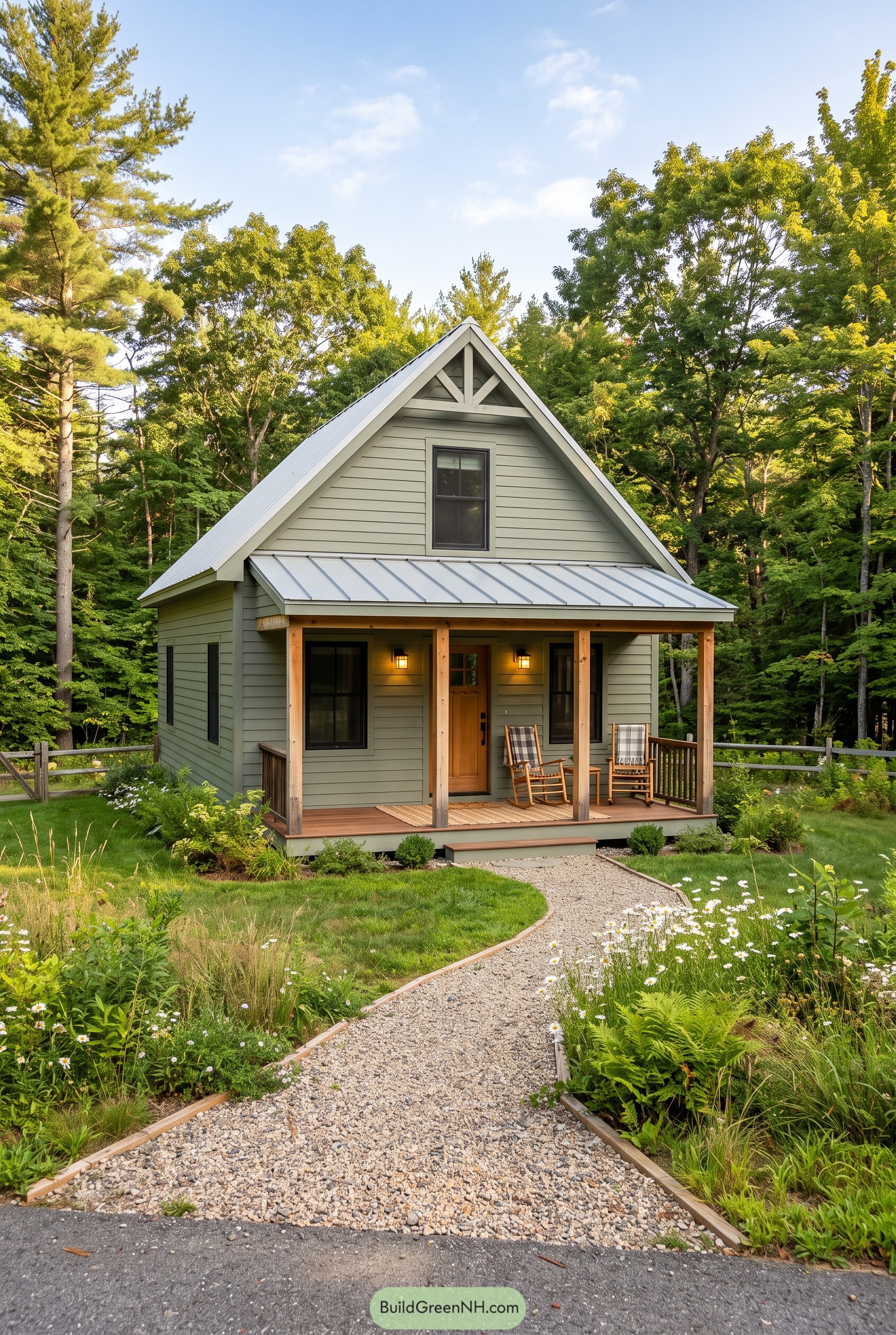 Sage green cottage with porch in woods