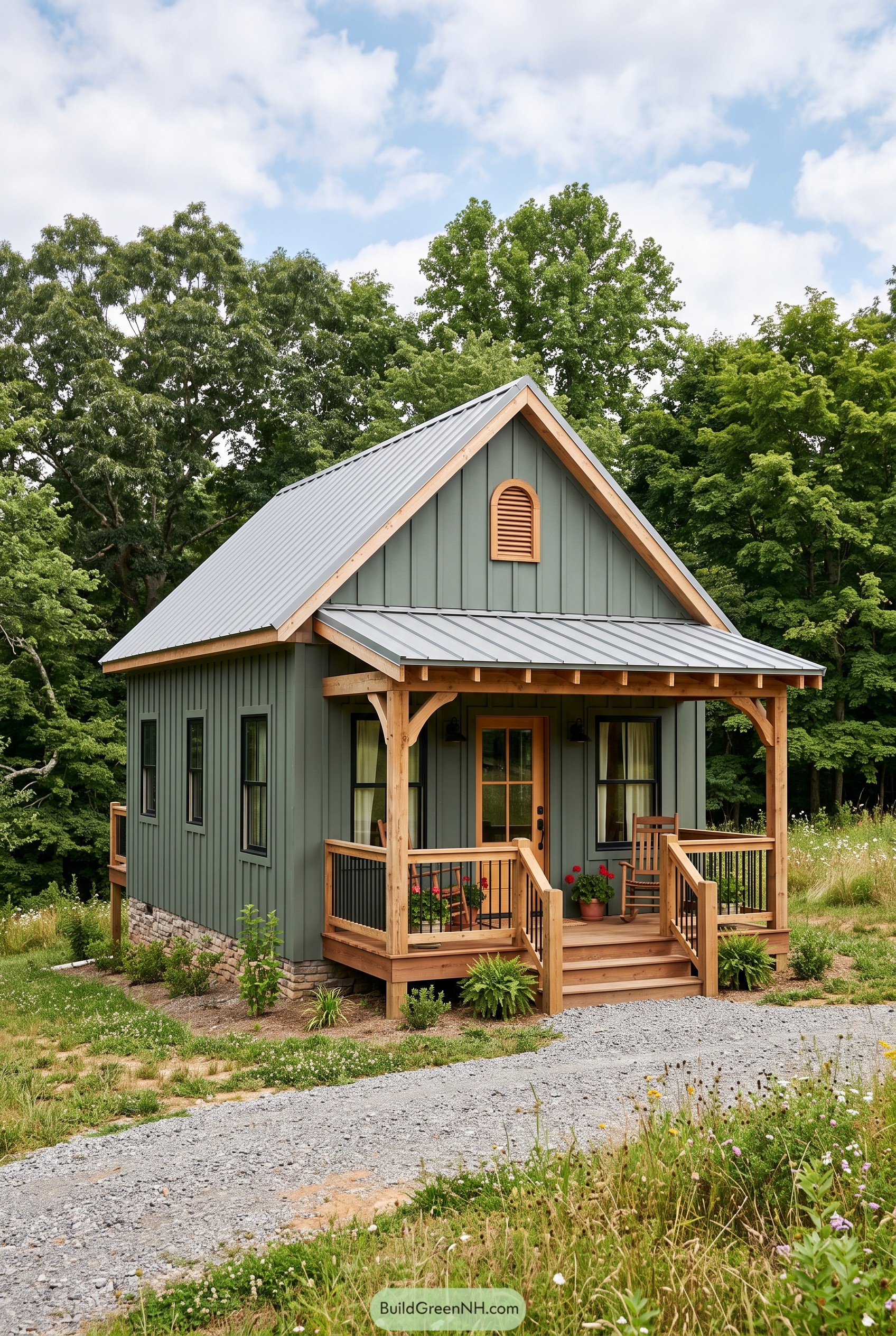 Sage green cabin with timber porch