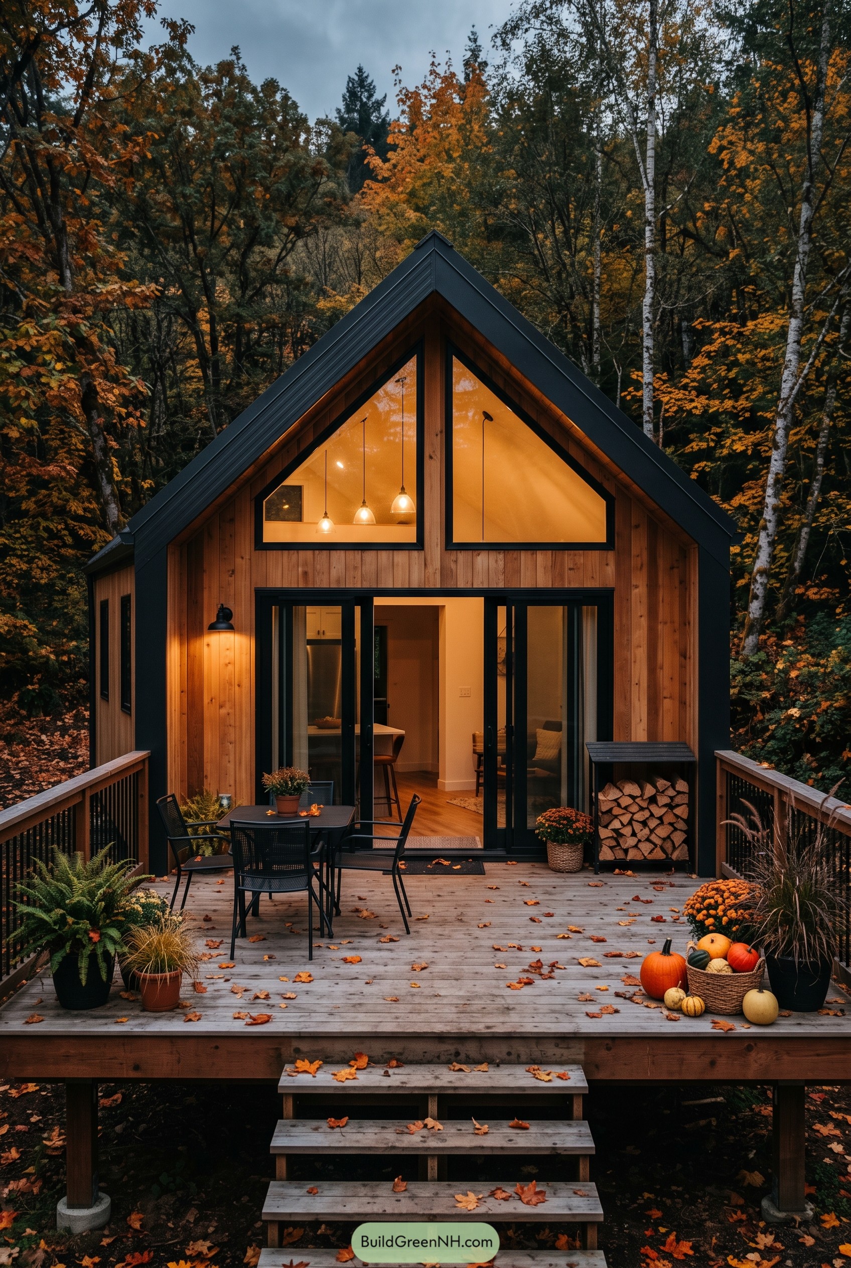 Wood cabin with black gable roof in autumn forest