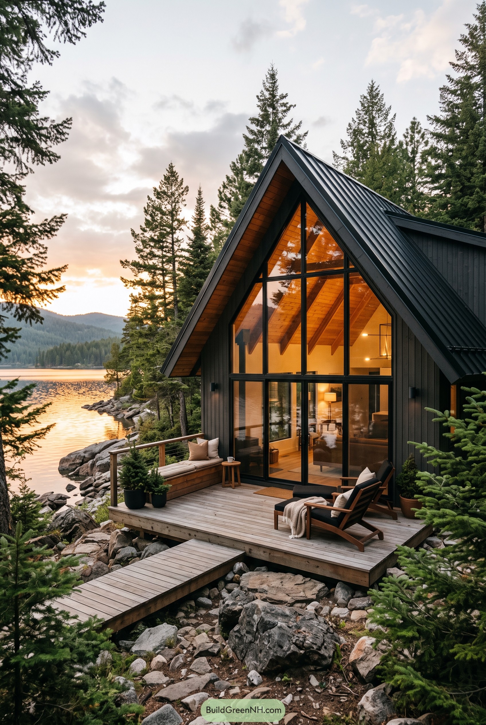 Modern A frame cabin beside a forest lake