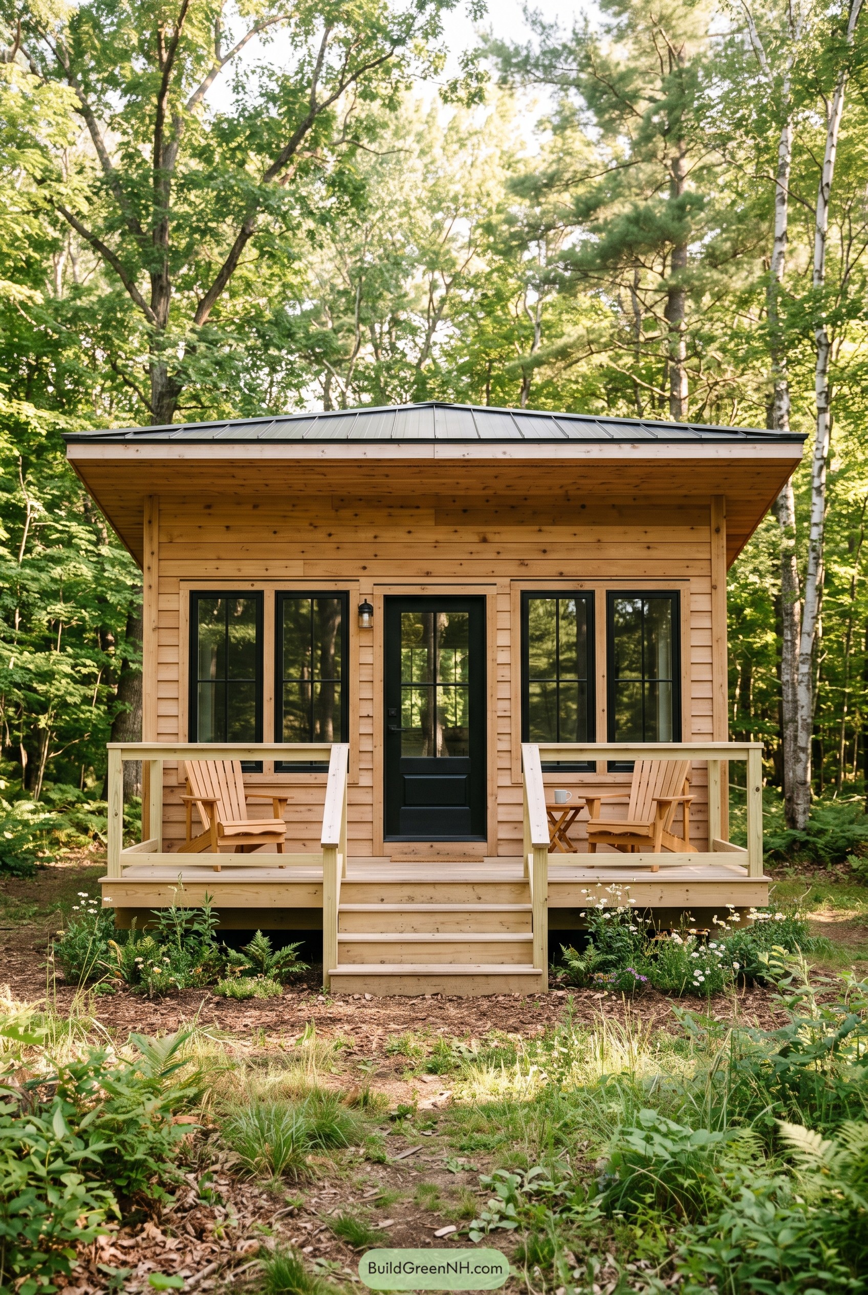 Small cedar cabin with porch in forest