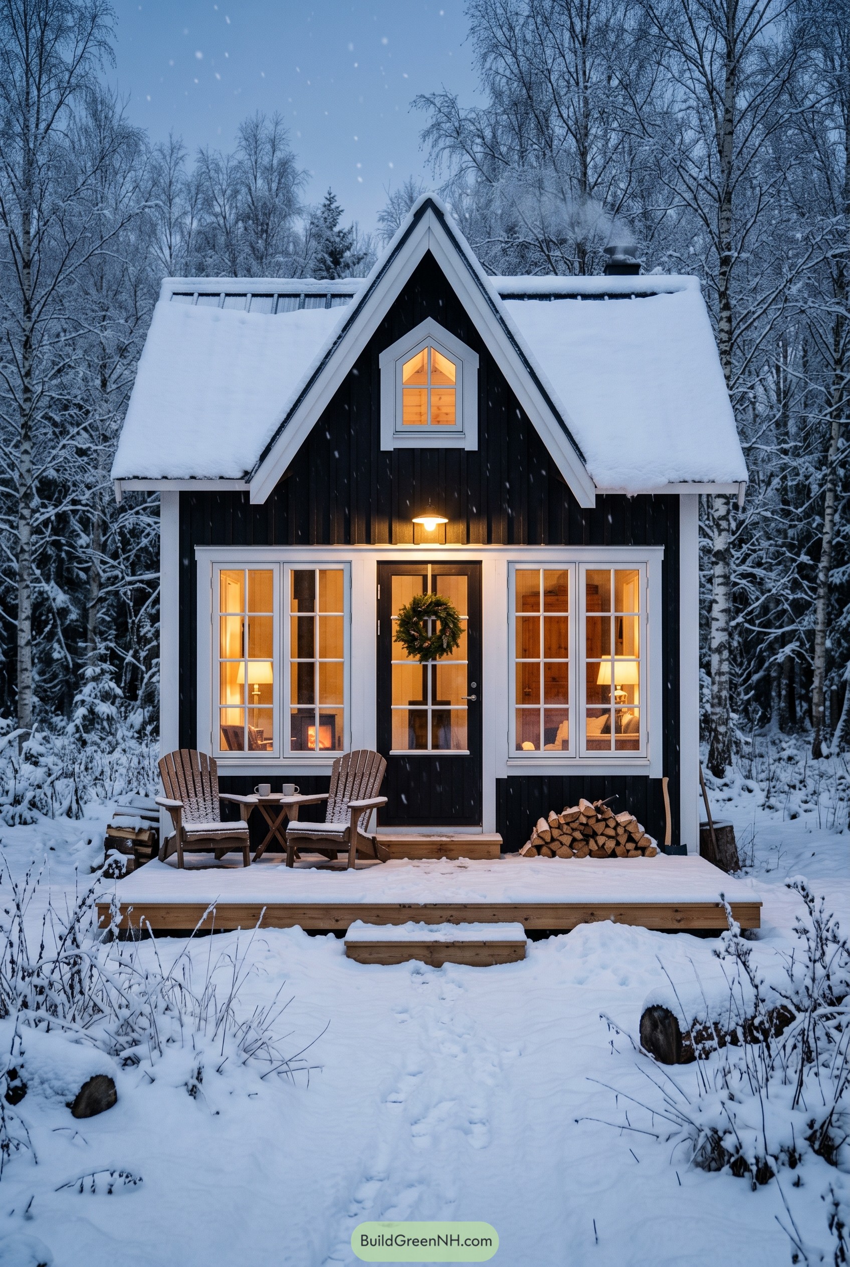 Black gabled cabin in a snowy forest