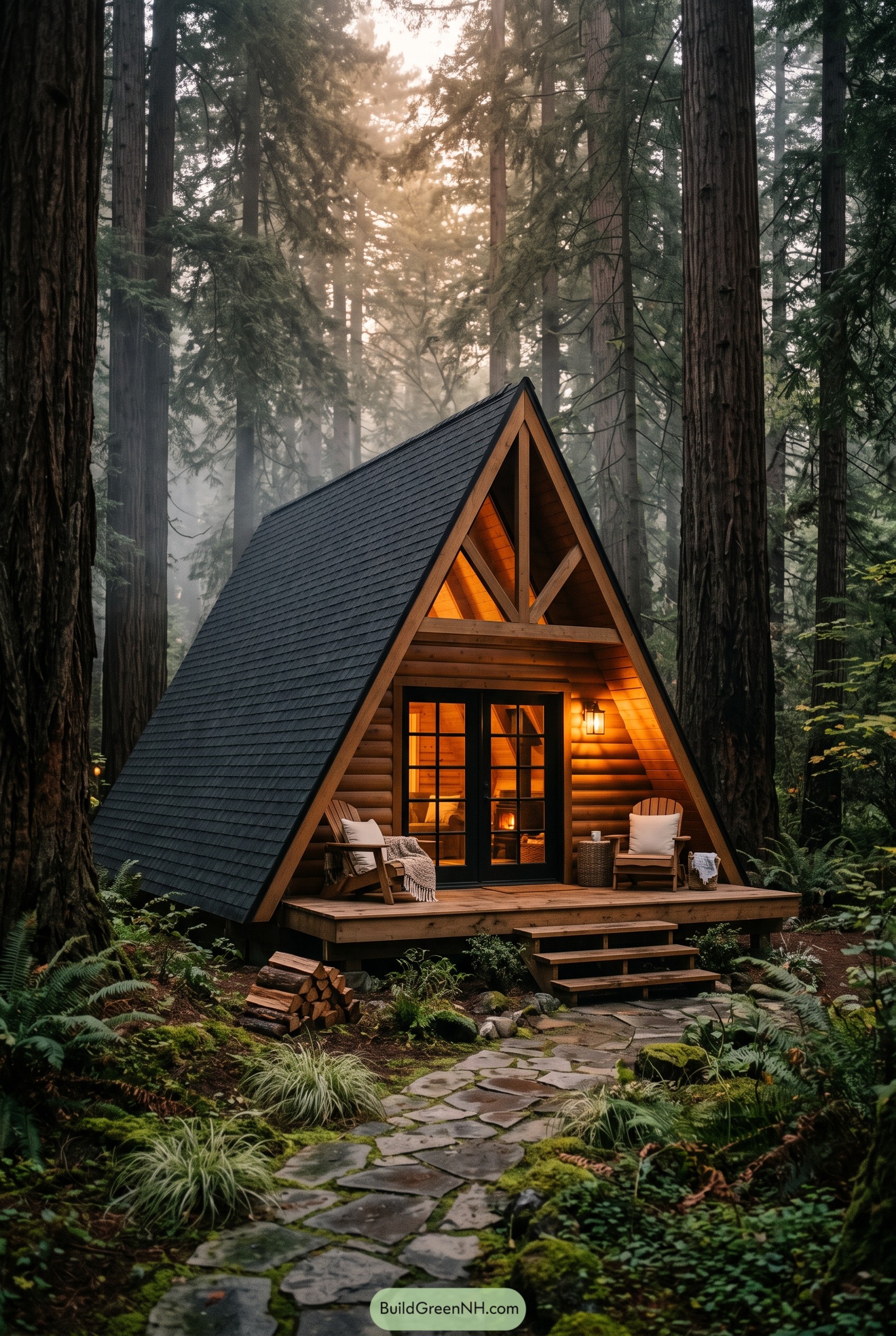 A-frame cabin nestled among redwoods