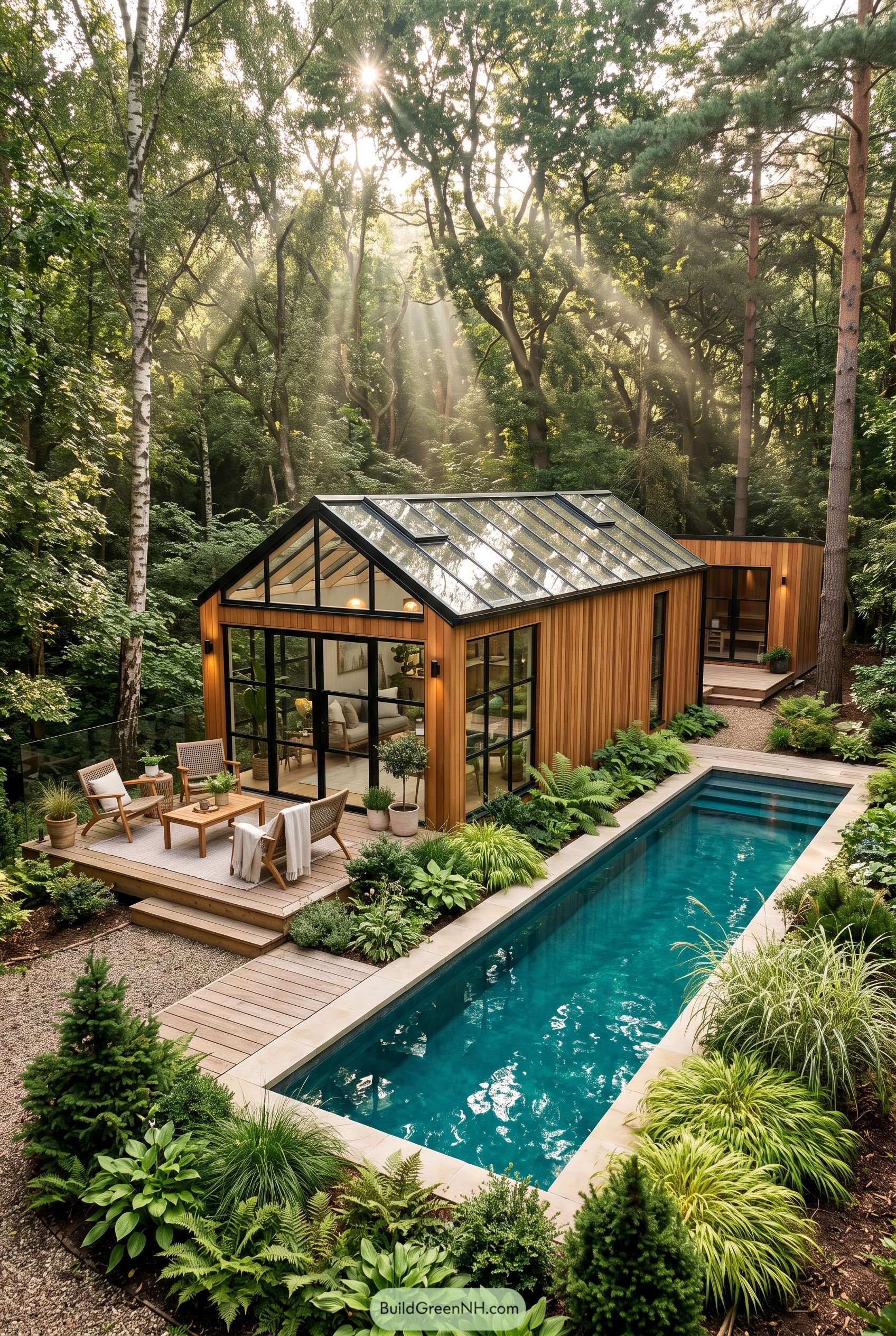 Cedar glass roof cabin beside a forest pool